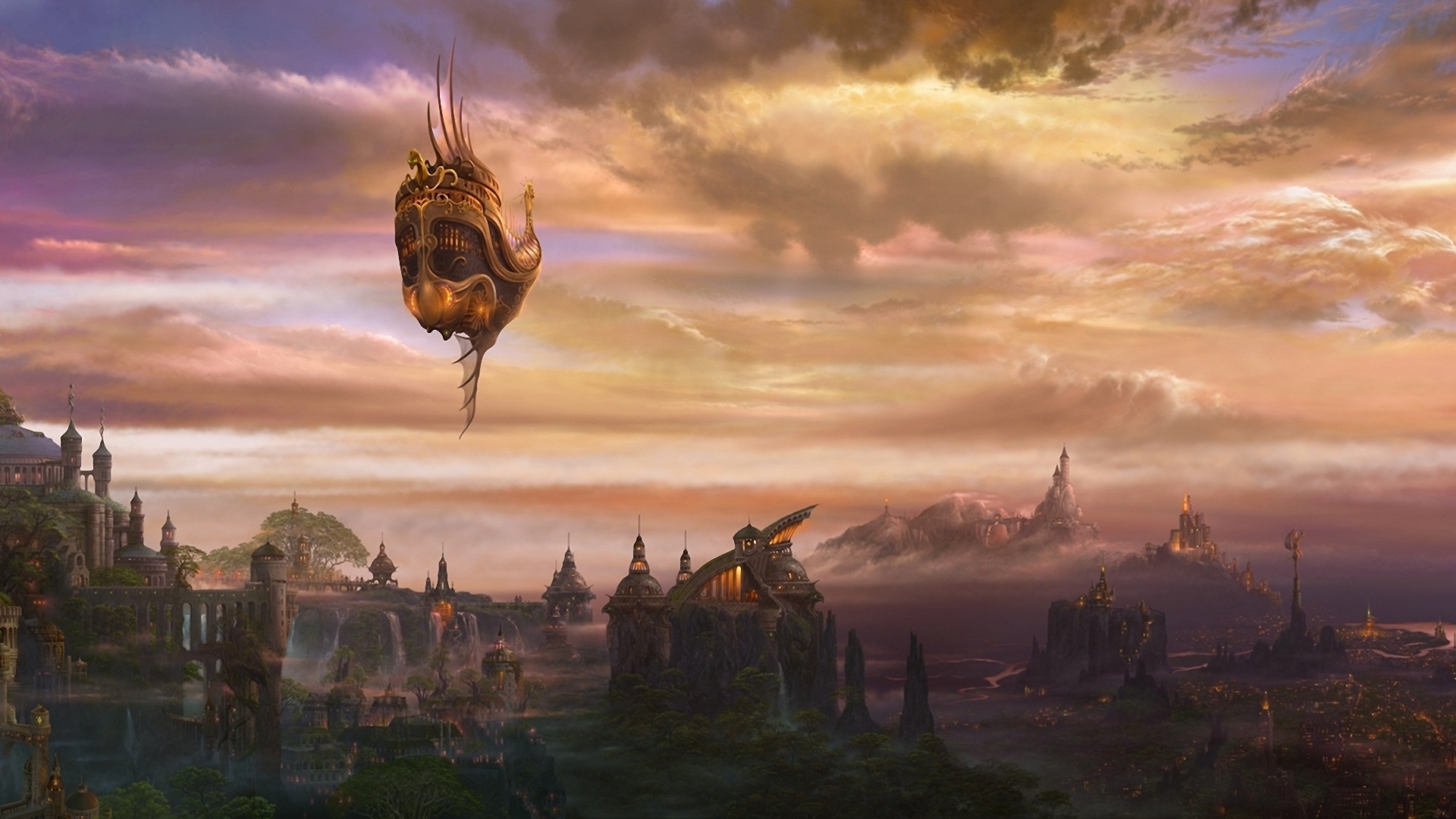 Fantasy city with airship at sunset HD Wallpaper