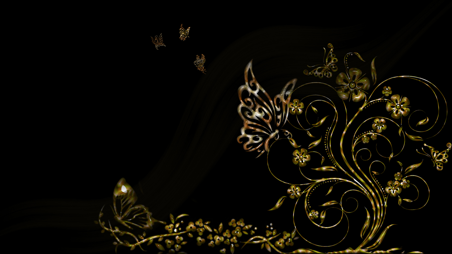 Golden Butterflies and Floral Ornaments on Black HD Wallpaper