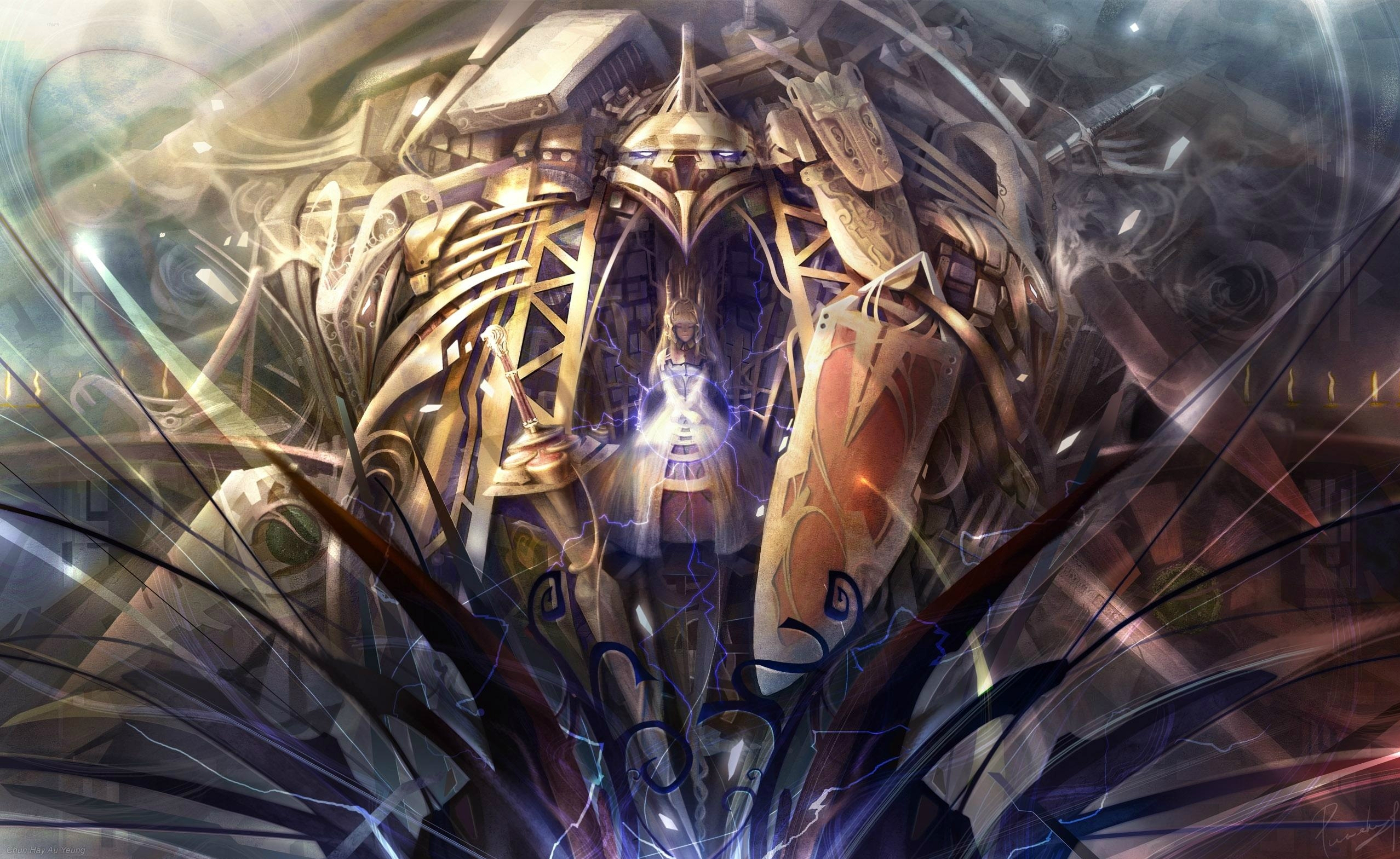 Fantasy mechanical being with a central figure HD Wallpaper