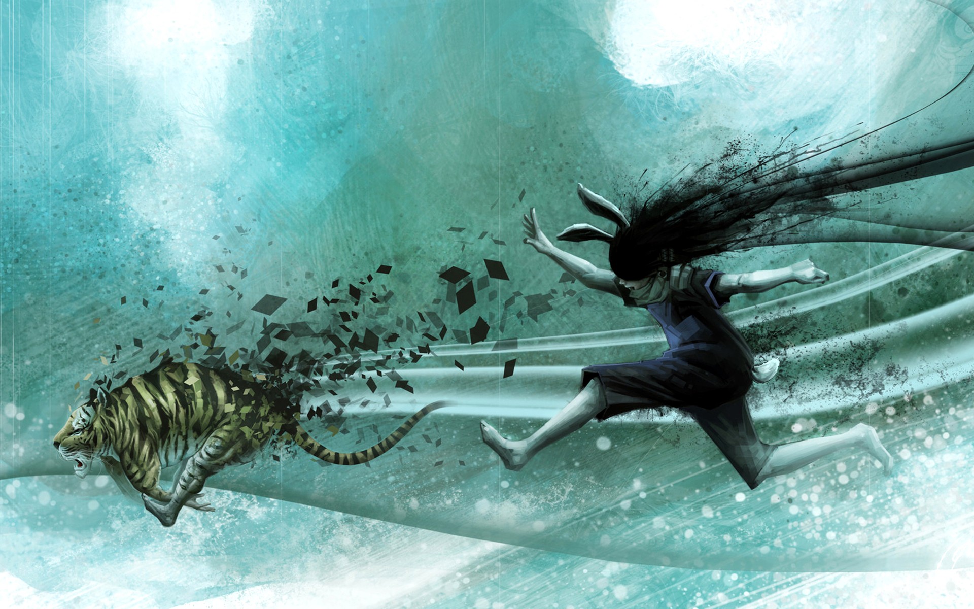 Tiger dissolving into fragments with a girl running HD Wallpaper