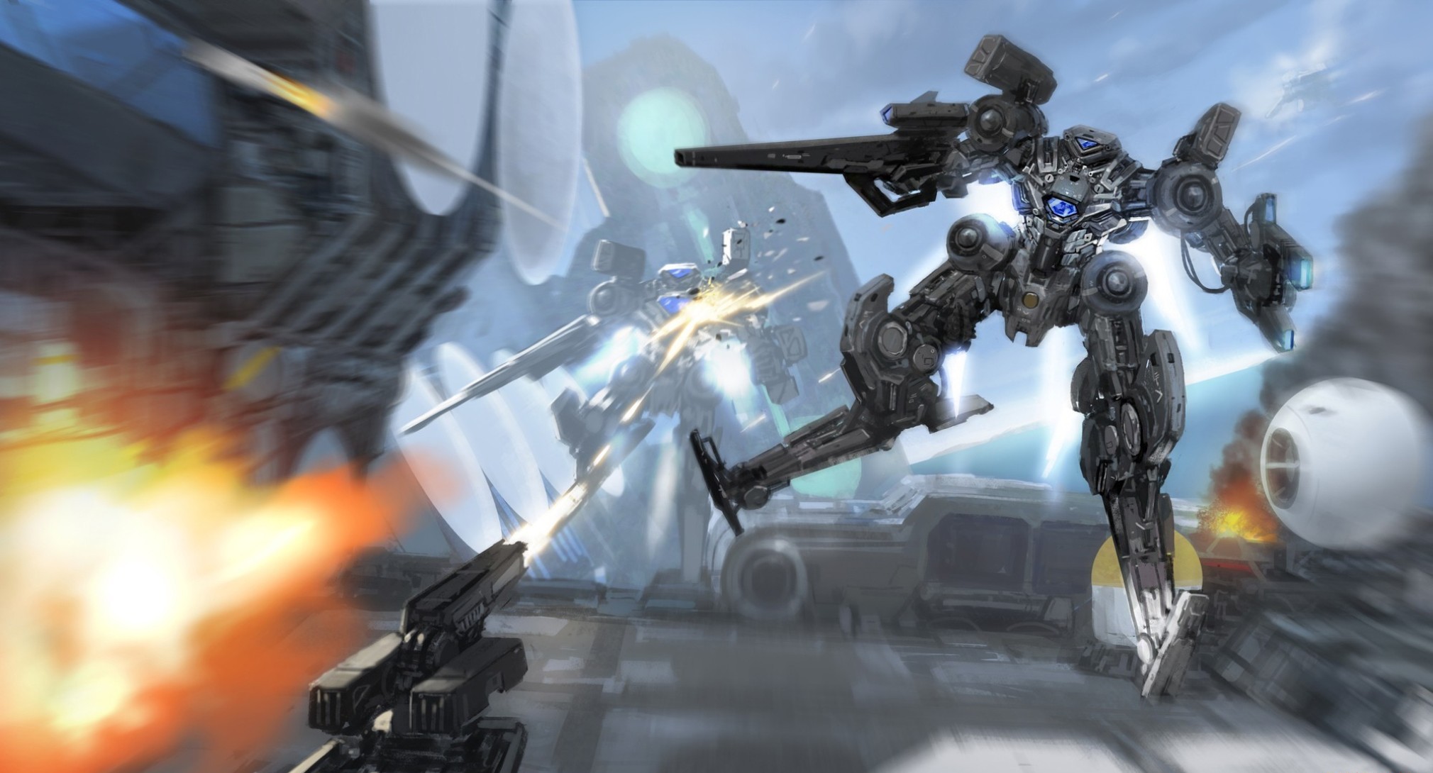 Robots in Combat with Explosions HD Wallpaper