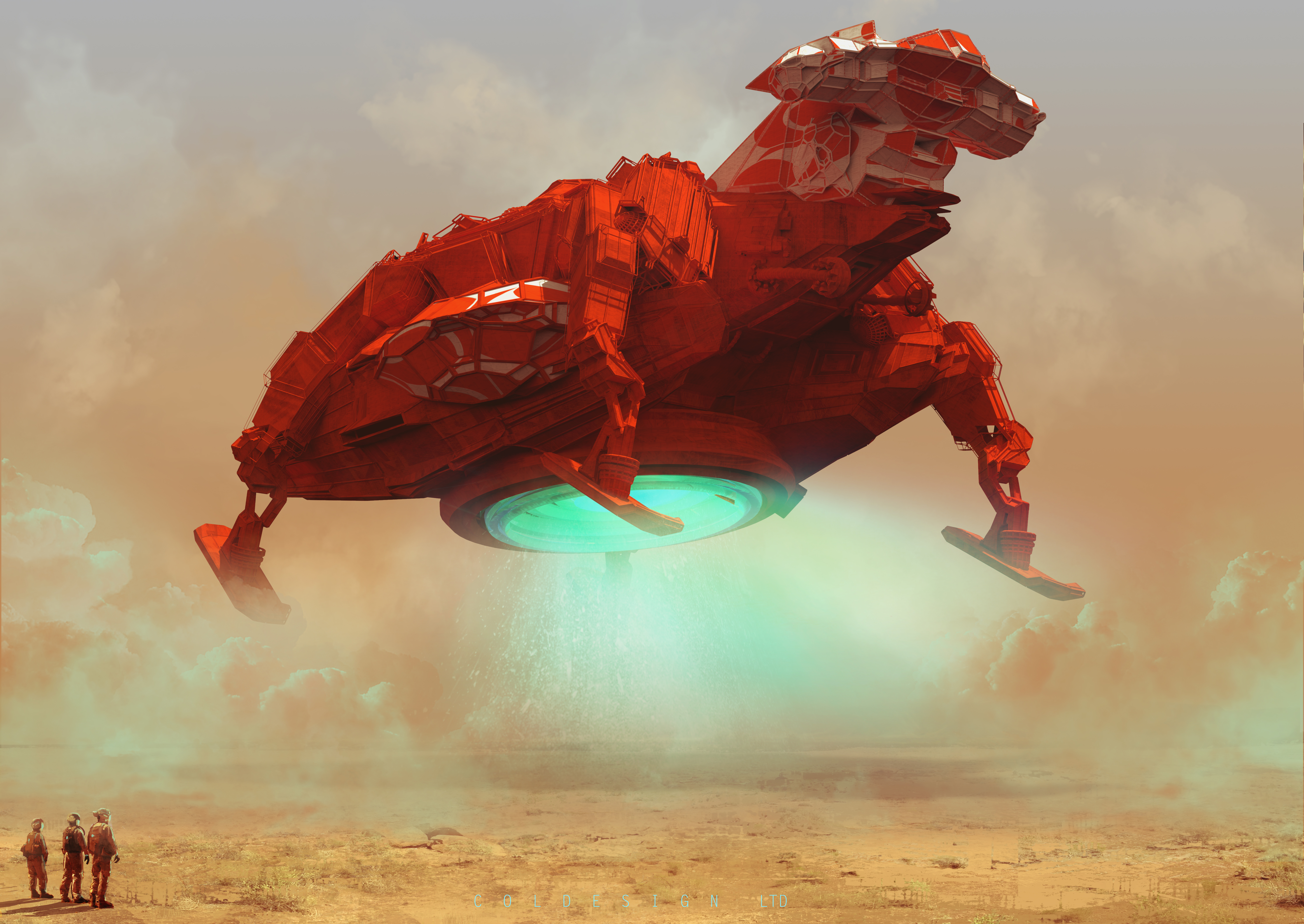 Red spaceship hovering over a desert landscape HD Wallpaper