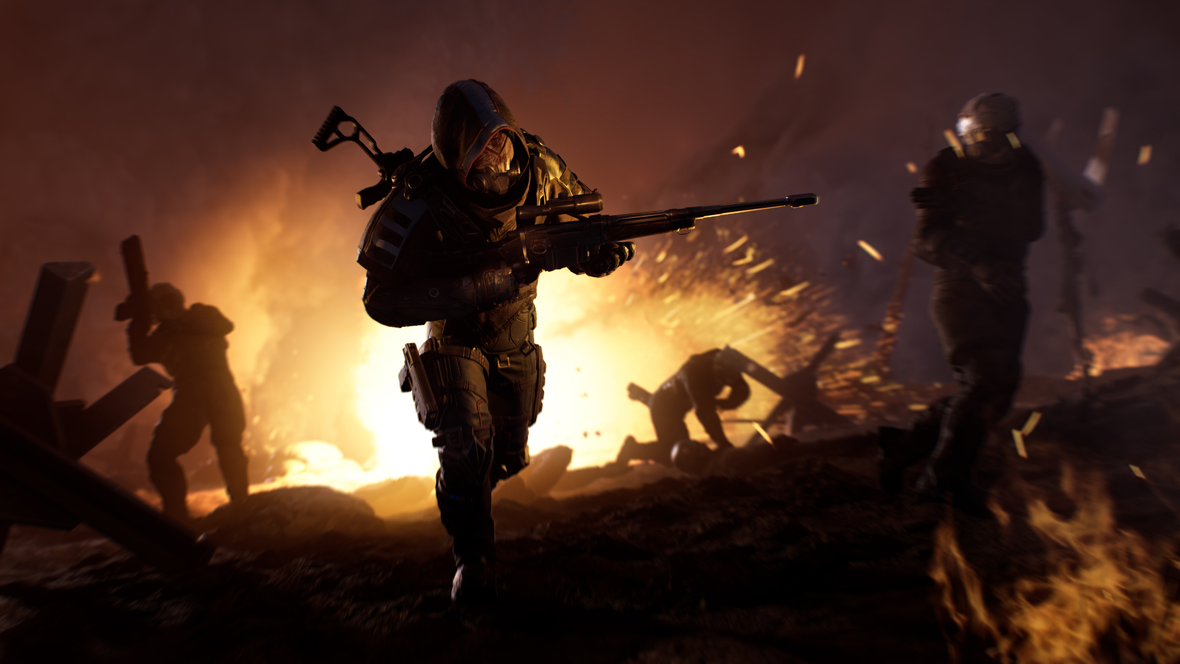 Outriders soldiers in a fiery battlefield 4K HD Wallpaper
