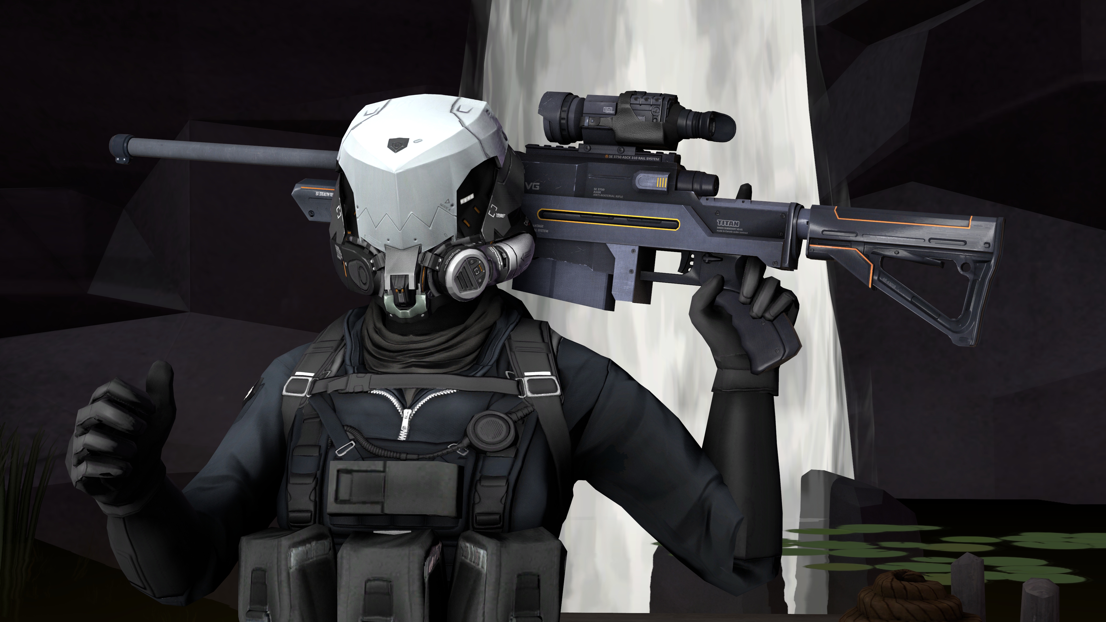 Soldier with futuristic helmet and rifle HD Wallpaper