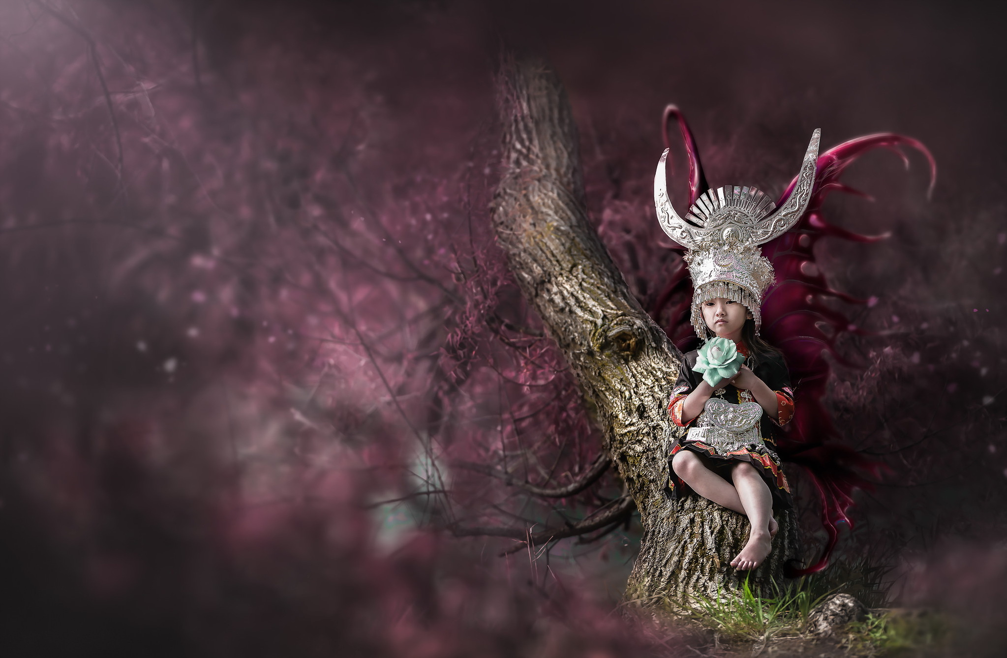 Asian girl in costume sitting on a tree HD Wallpaper