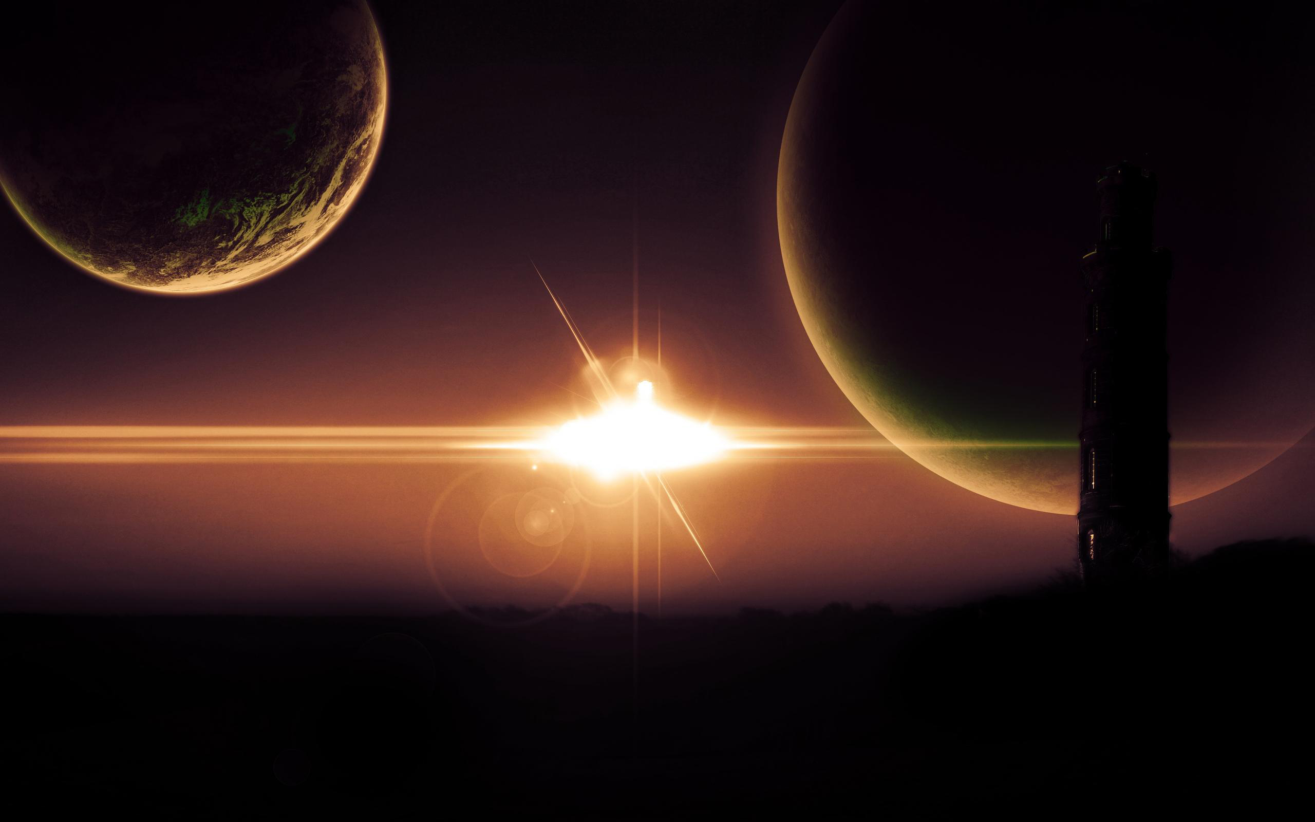 Sci Fi Landscape with Planets and Lighthouse HD Wallpaper