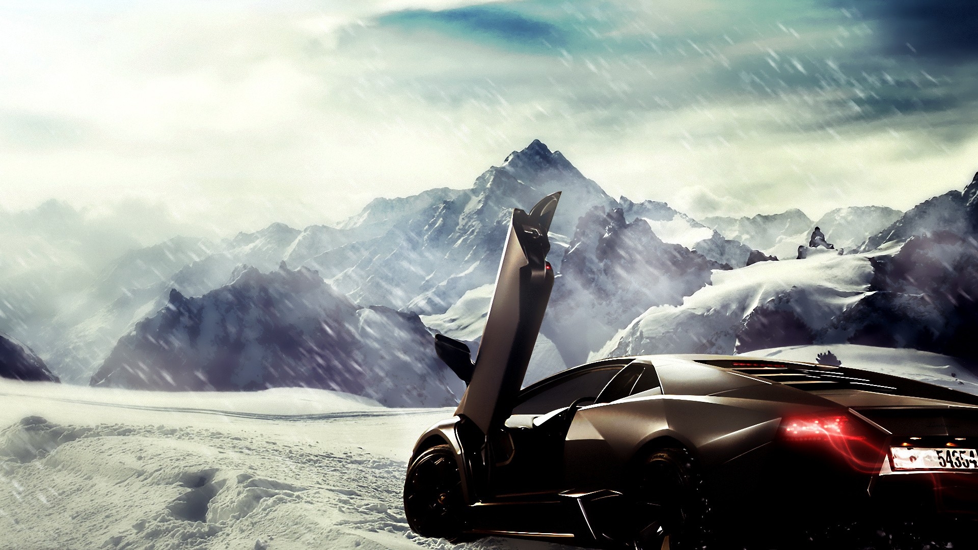 Lamborghini in snowy mountains HD Wallpaper