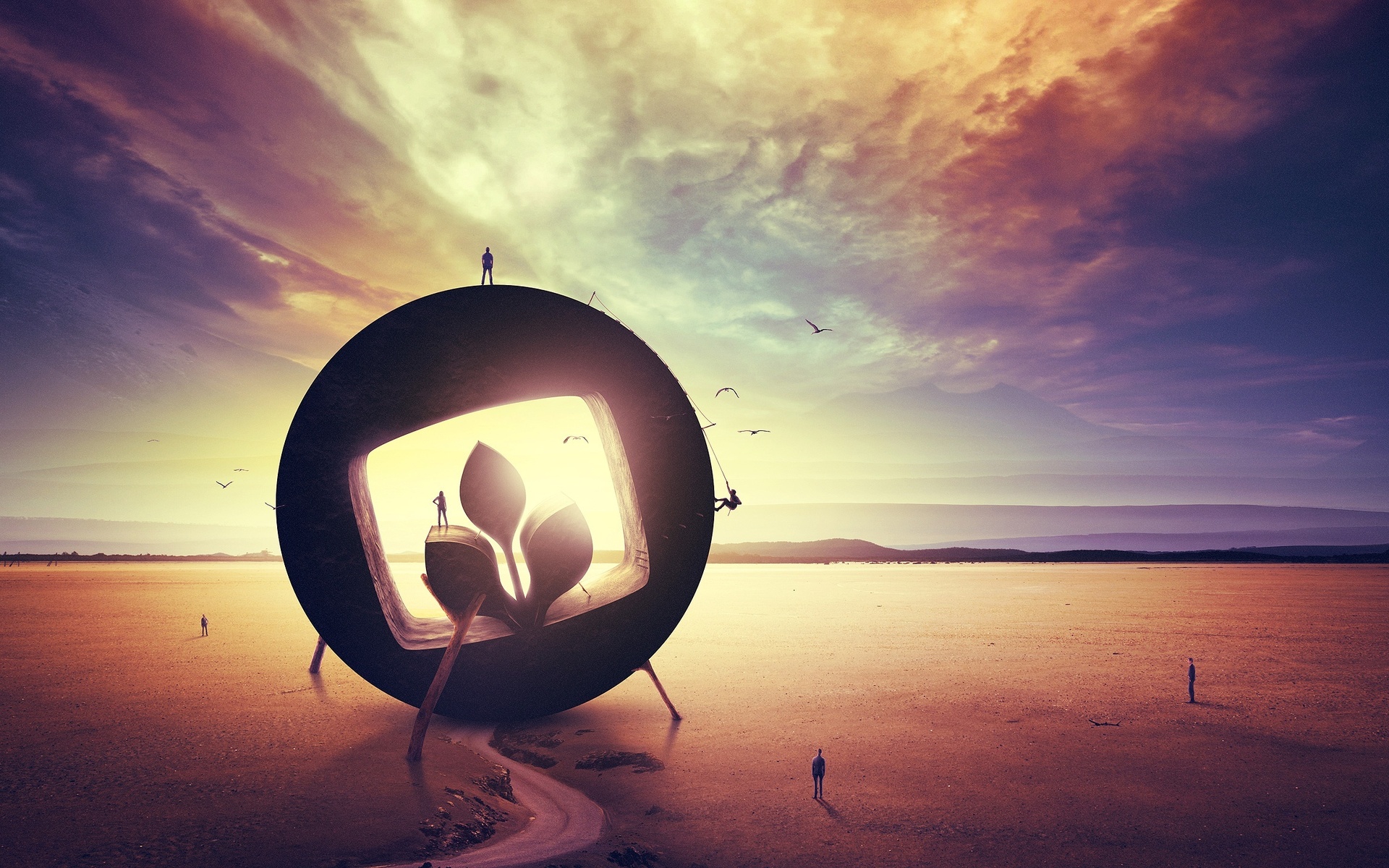 Surreal landscape with giant portal and tiny figures HD Wallpaper