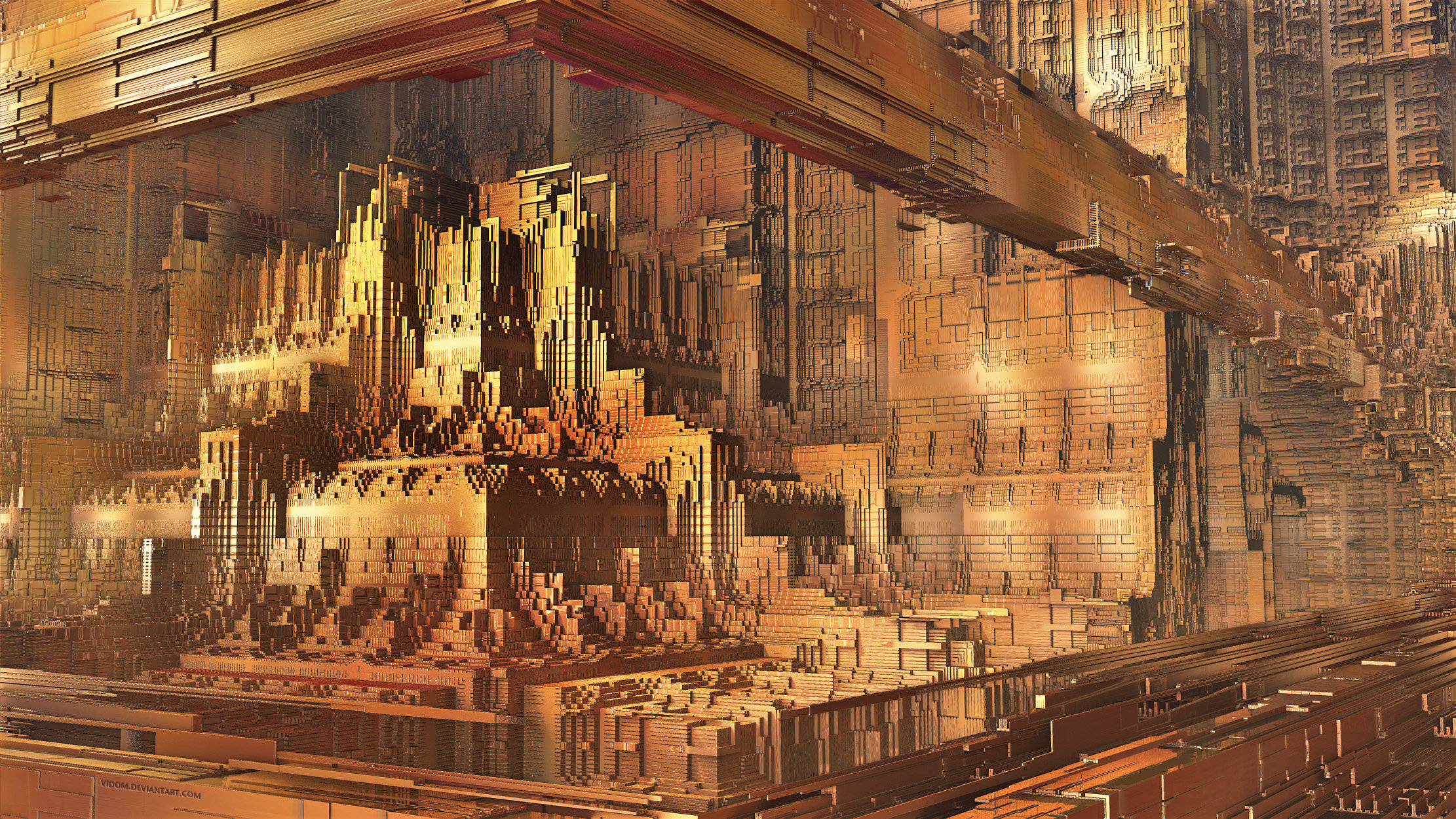 Golden fractal city with intricate architecture HD Wallpaper