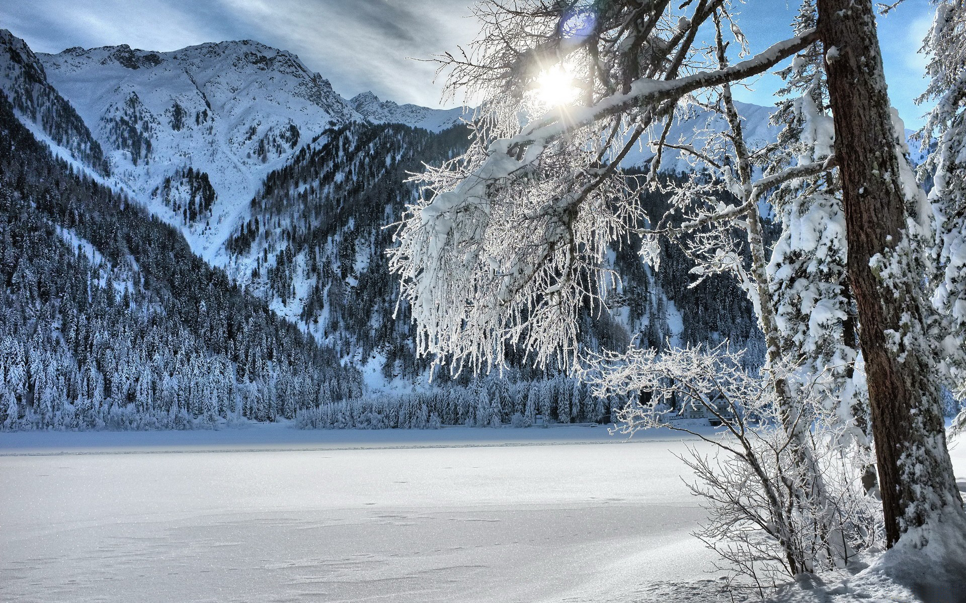 Snowy Mountains and Frozen Lake HD Wallpaper