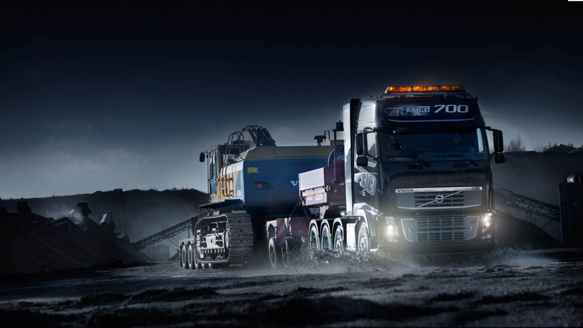 Volvo 700 Truck with Heavy Machinery HD Wallpaper