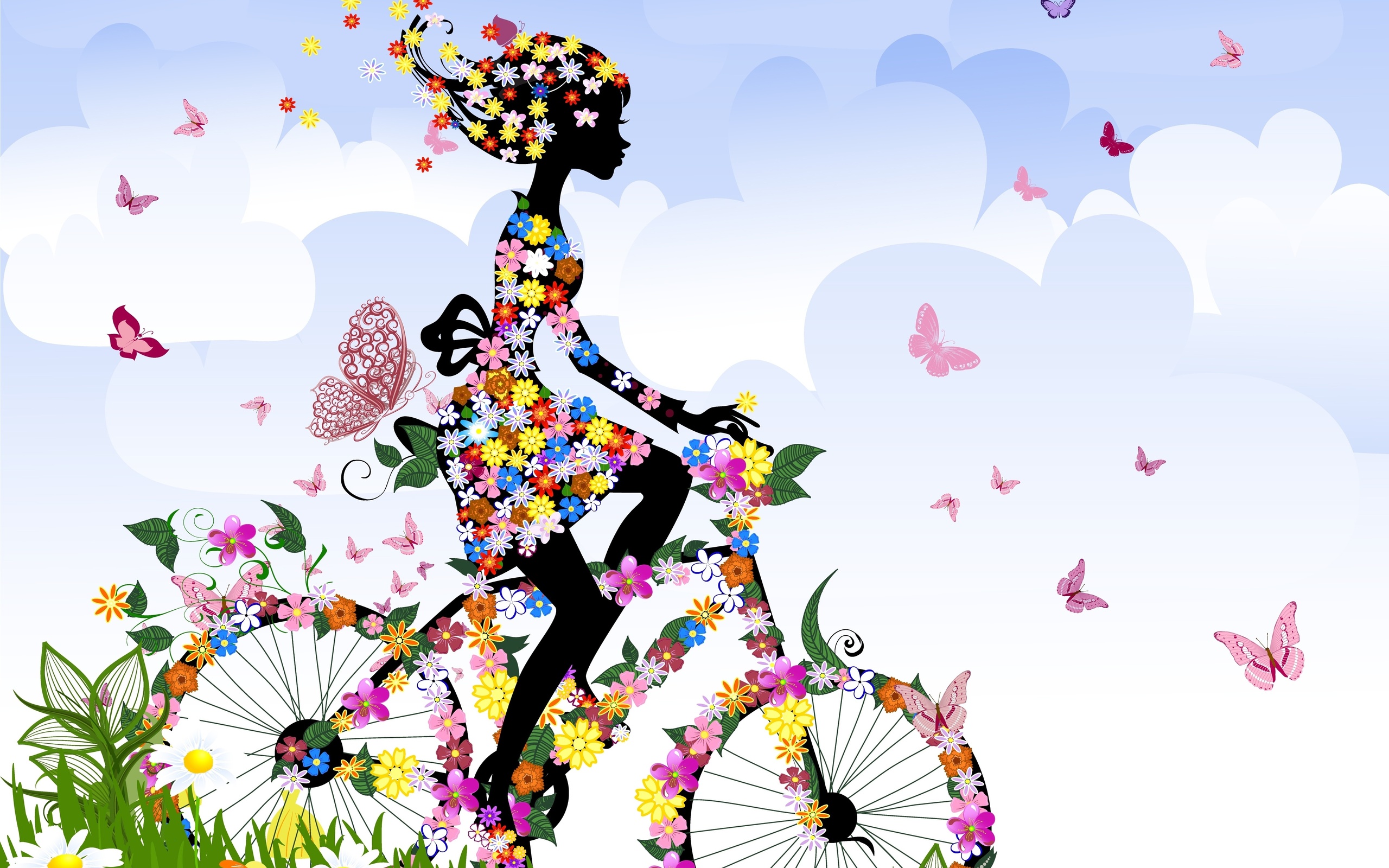 Girl on a bicycle decorated with flowers and butterflies HD Wallpaper
