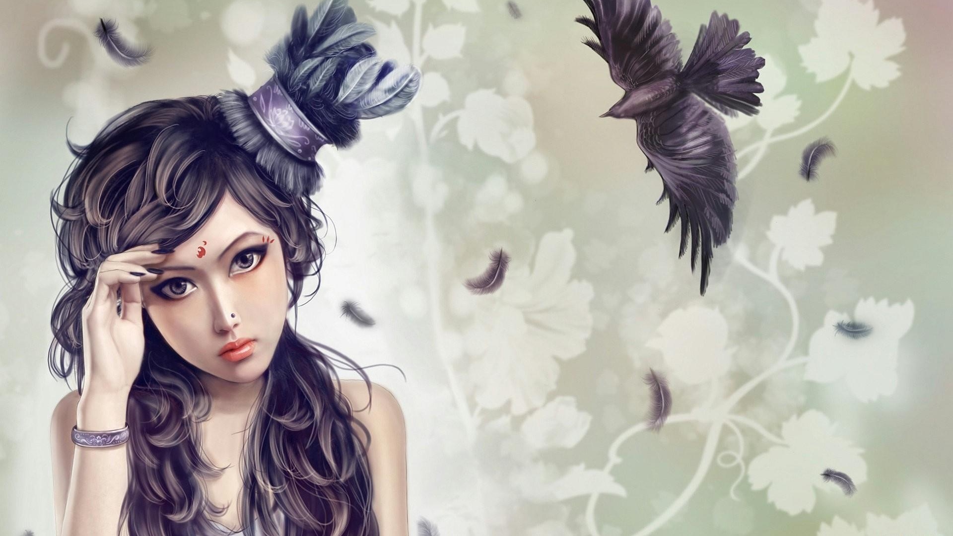 Fantasy girl with a bird and feathers HD Wallpaper