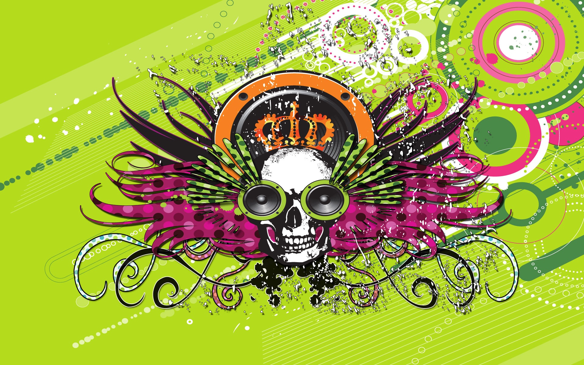 Skull with crown and speakers on green background HD Wallpaper