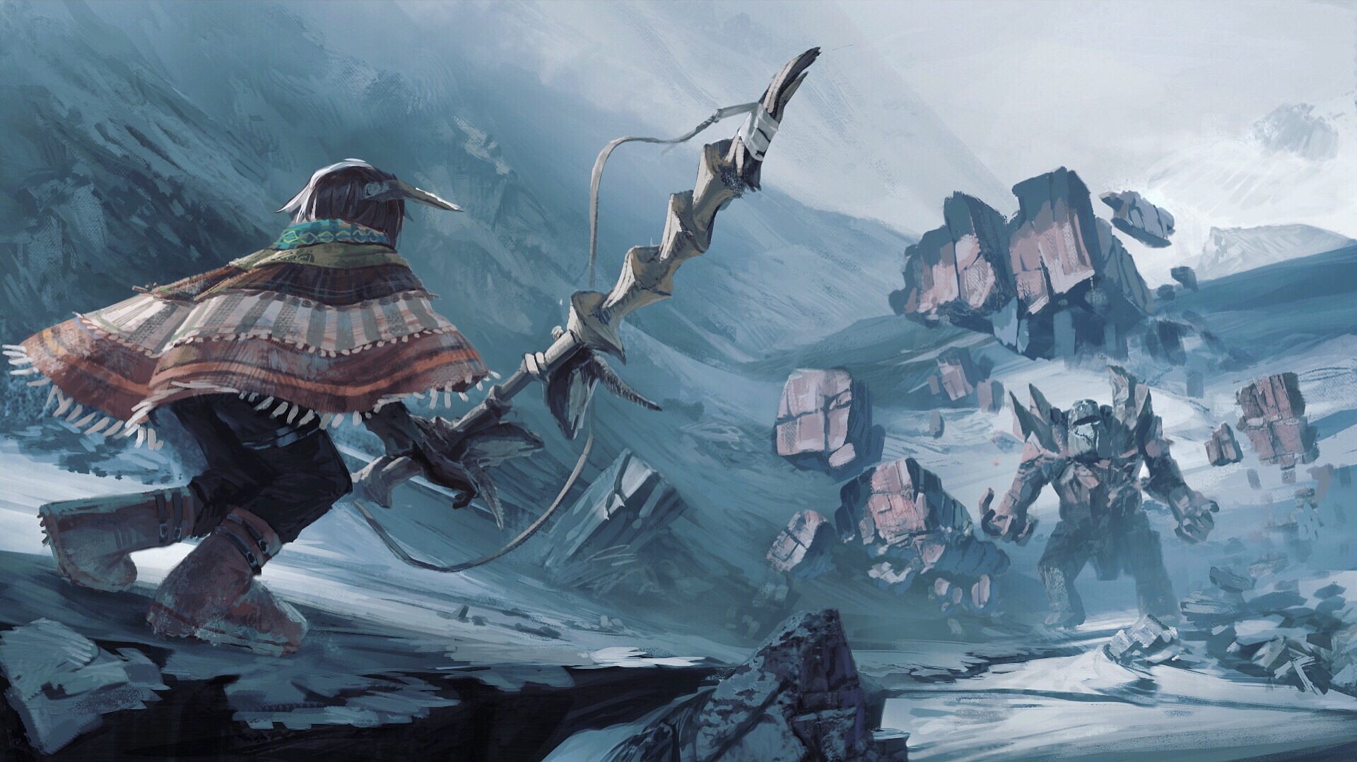 Character with staff facing a stone golem in a snowy landscape HD Wallpaper