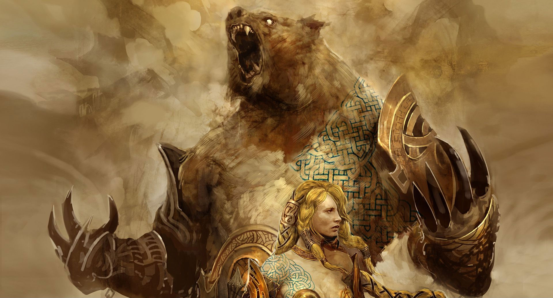 Bear and warrior from Guild Wars 2 HD Wallpaper