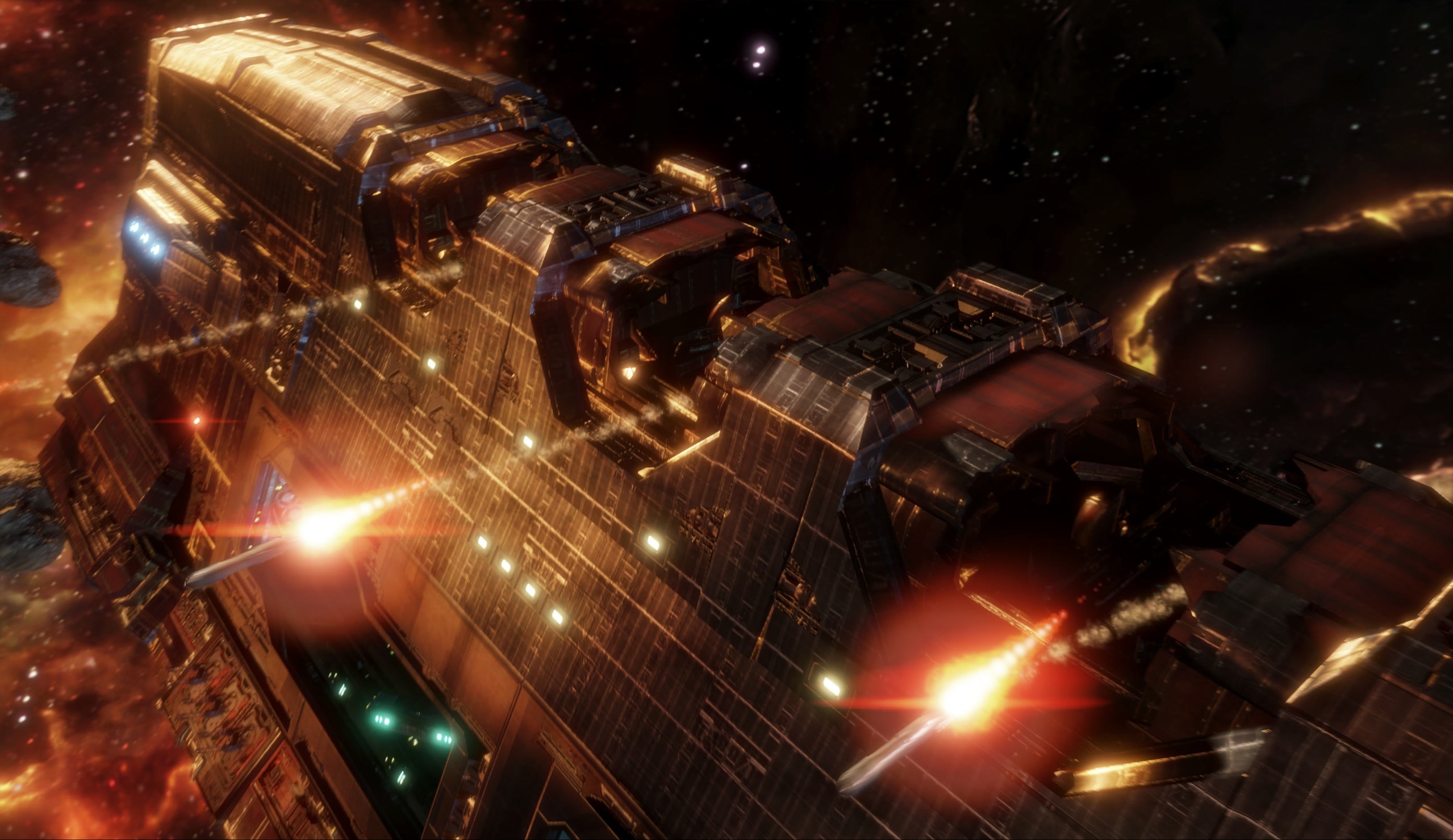 Warship firing weapons in space HD Wallpaper