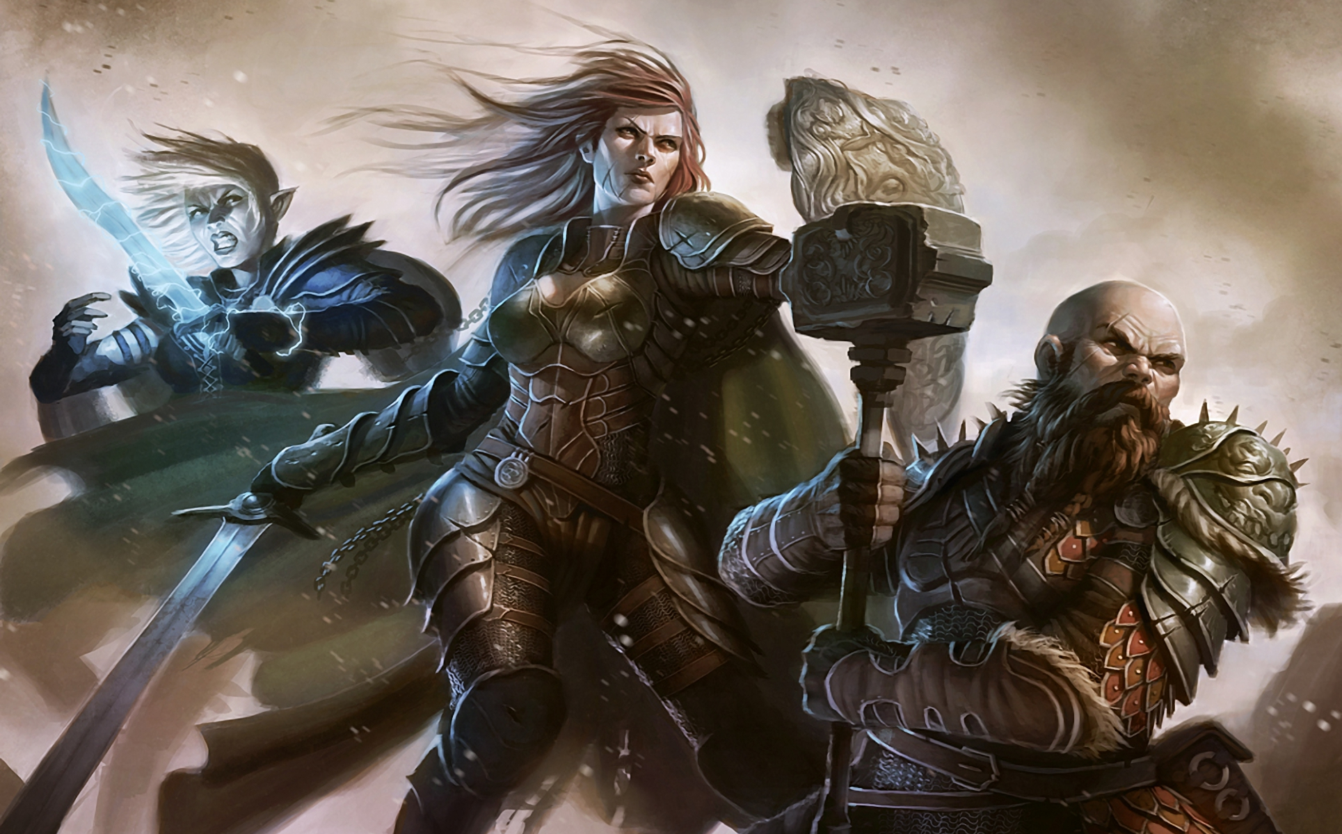 Fantasy warriors with swords and hammer HD Wallpaper