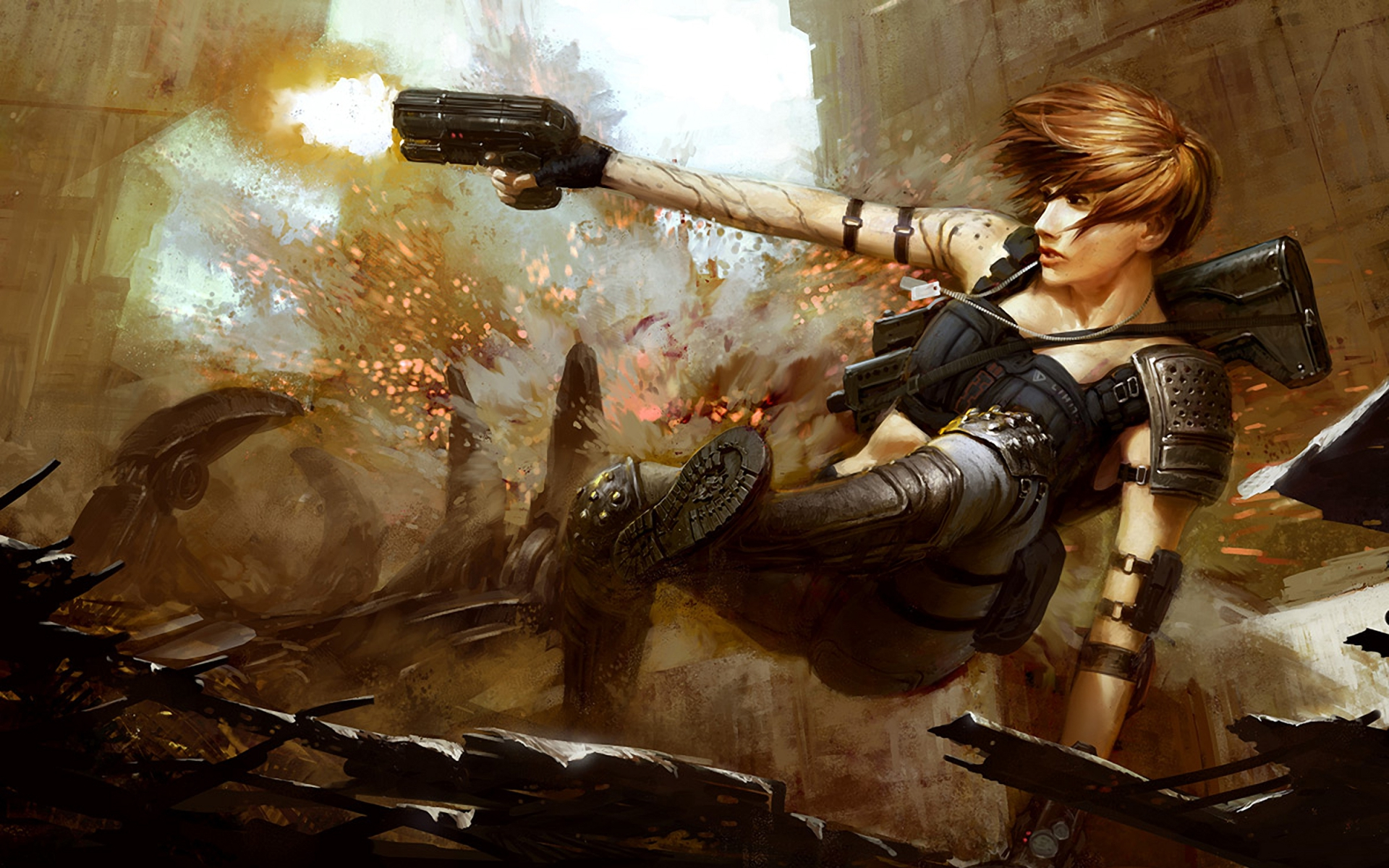 Woman warrior firing a gun in a destroyed city HD Wallpaper