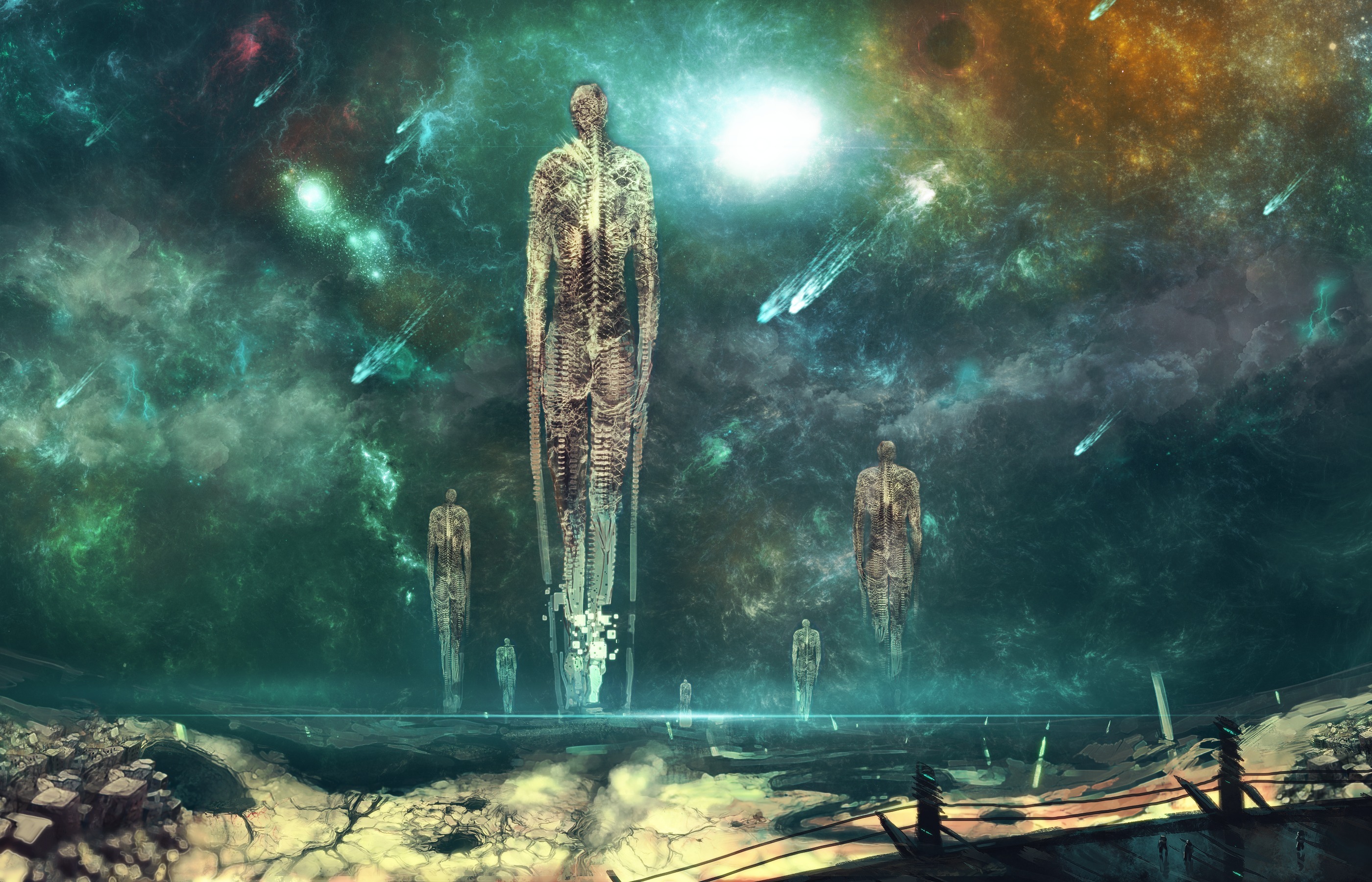 Giant figures in a cosmic landscape HD Wallpaper