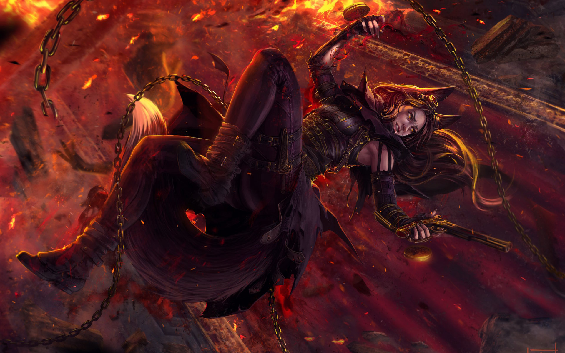 Fantasy Woman Warrior Falling Amidst Fire and Chains HD Wallpaper