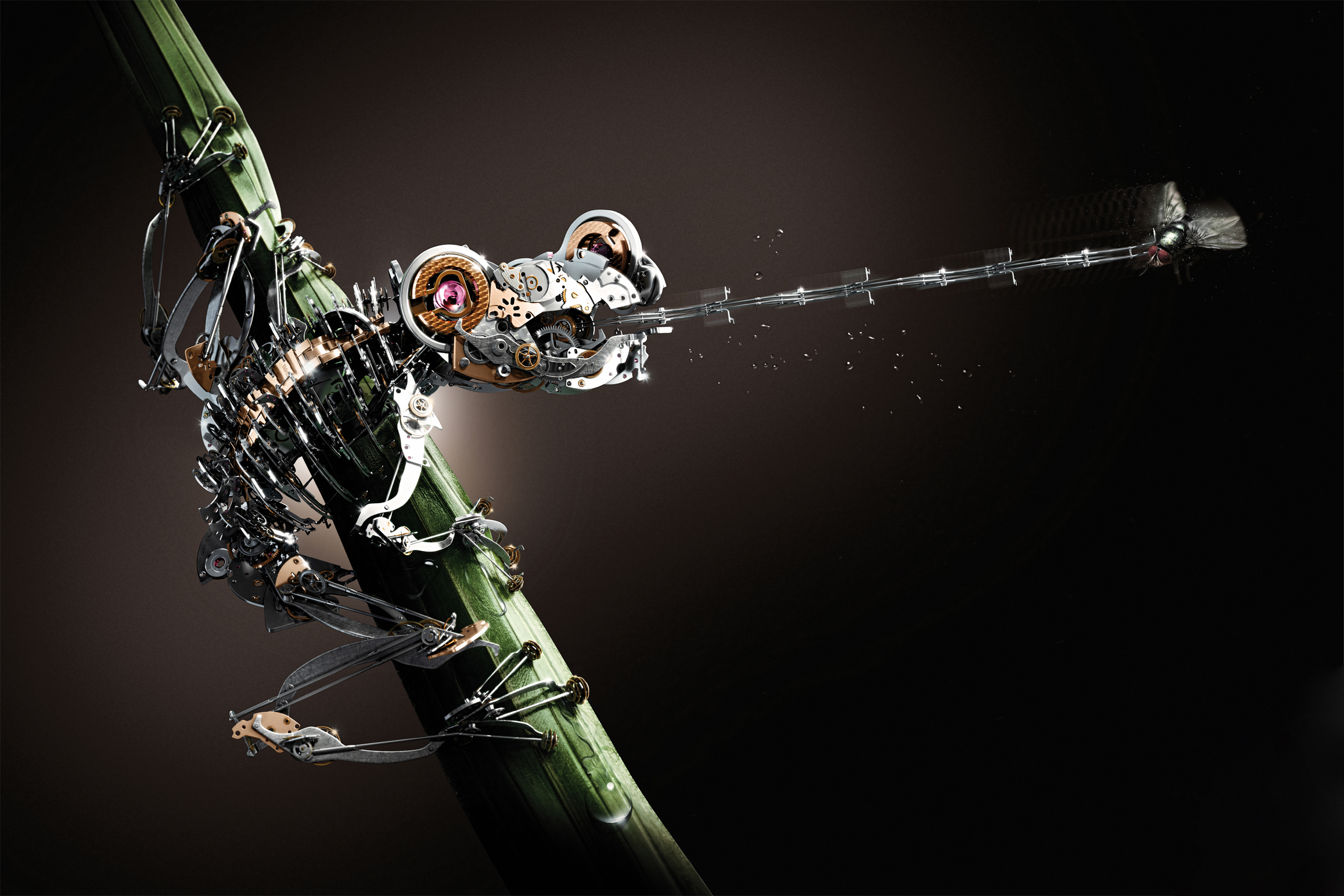 Mechanical frog catching a fly on a bamboo stalk HD Wallpaper