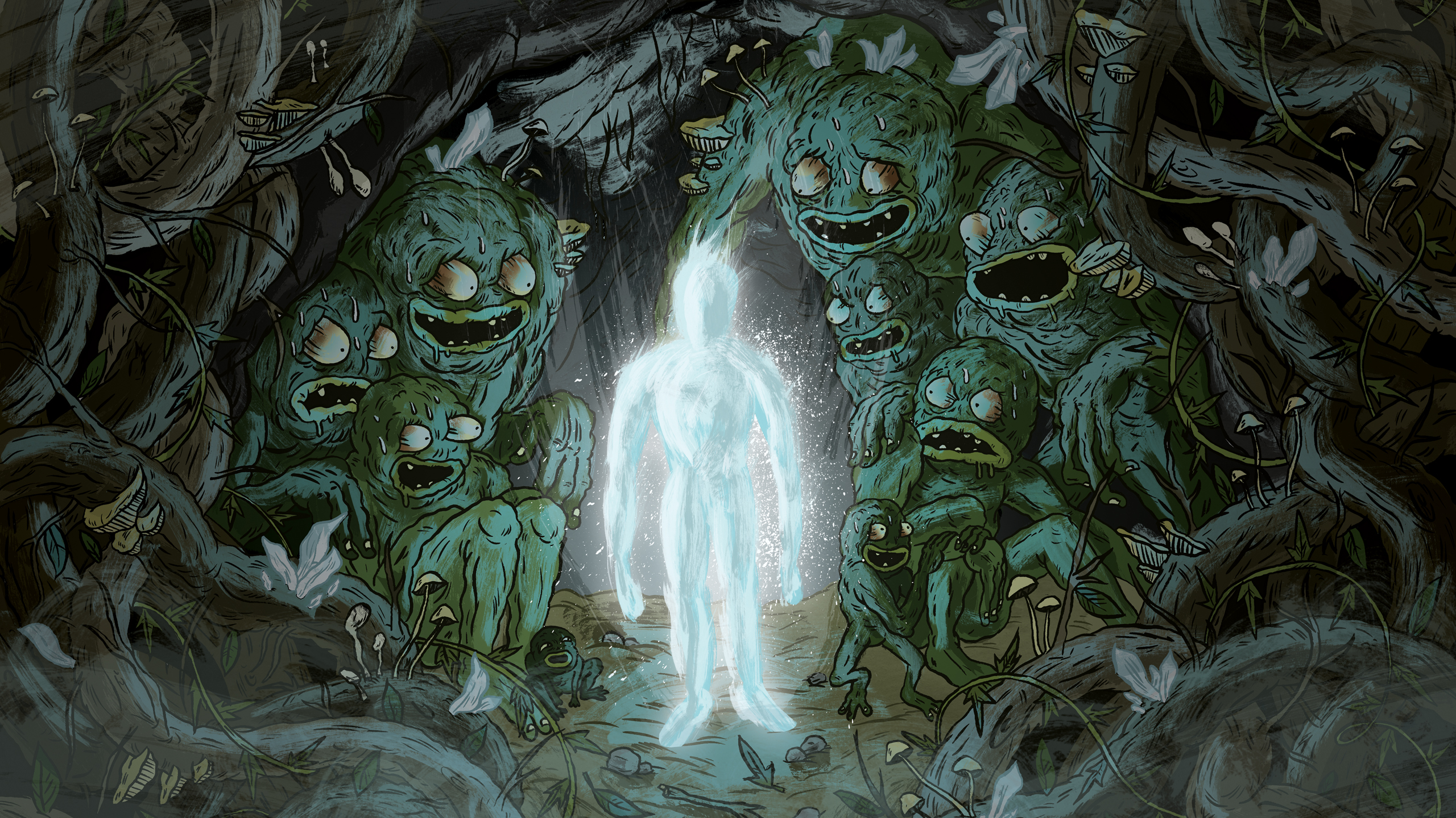 Glowing figure surrounded by moss creatures in a forest HD Wallpaper