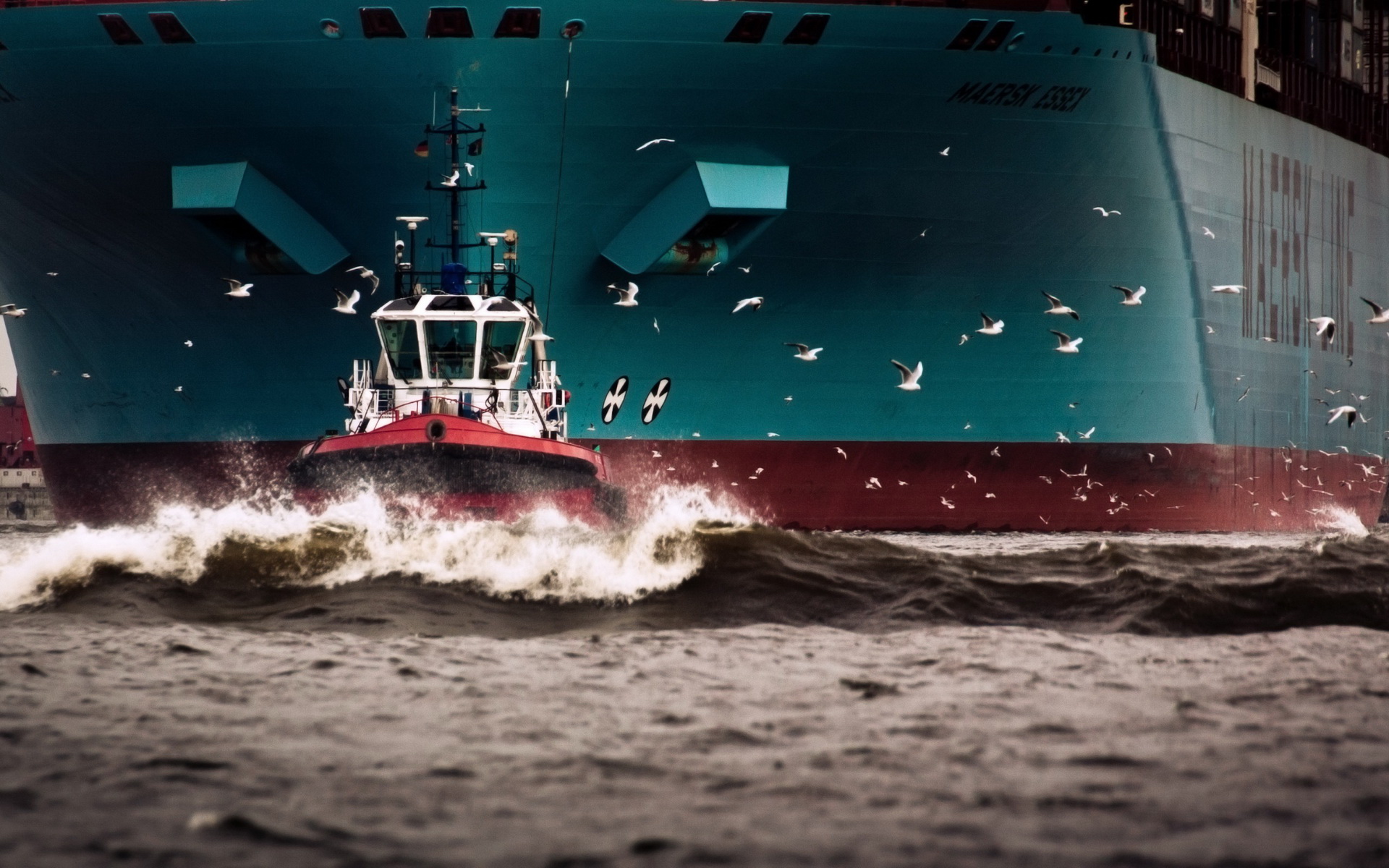 Maersk Essen Container Ship and Tugboat with Seagulls HD Wallpaper