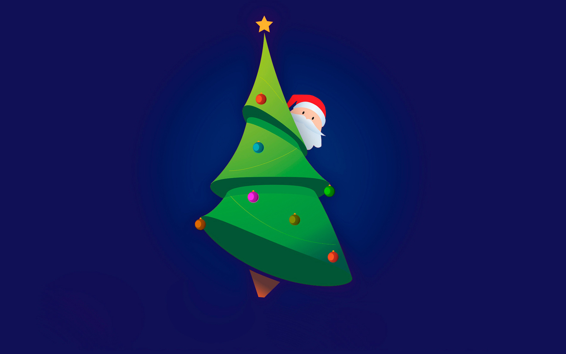 Santa Claus peeking from behind a Christmas tree HD Wallpaper