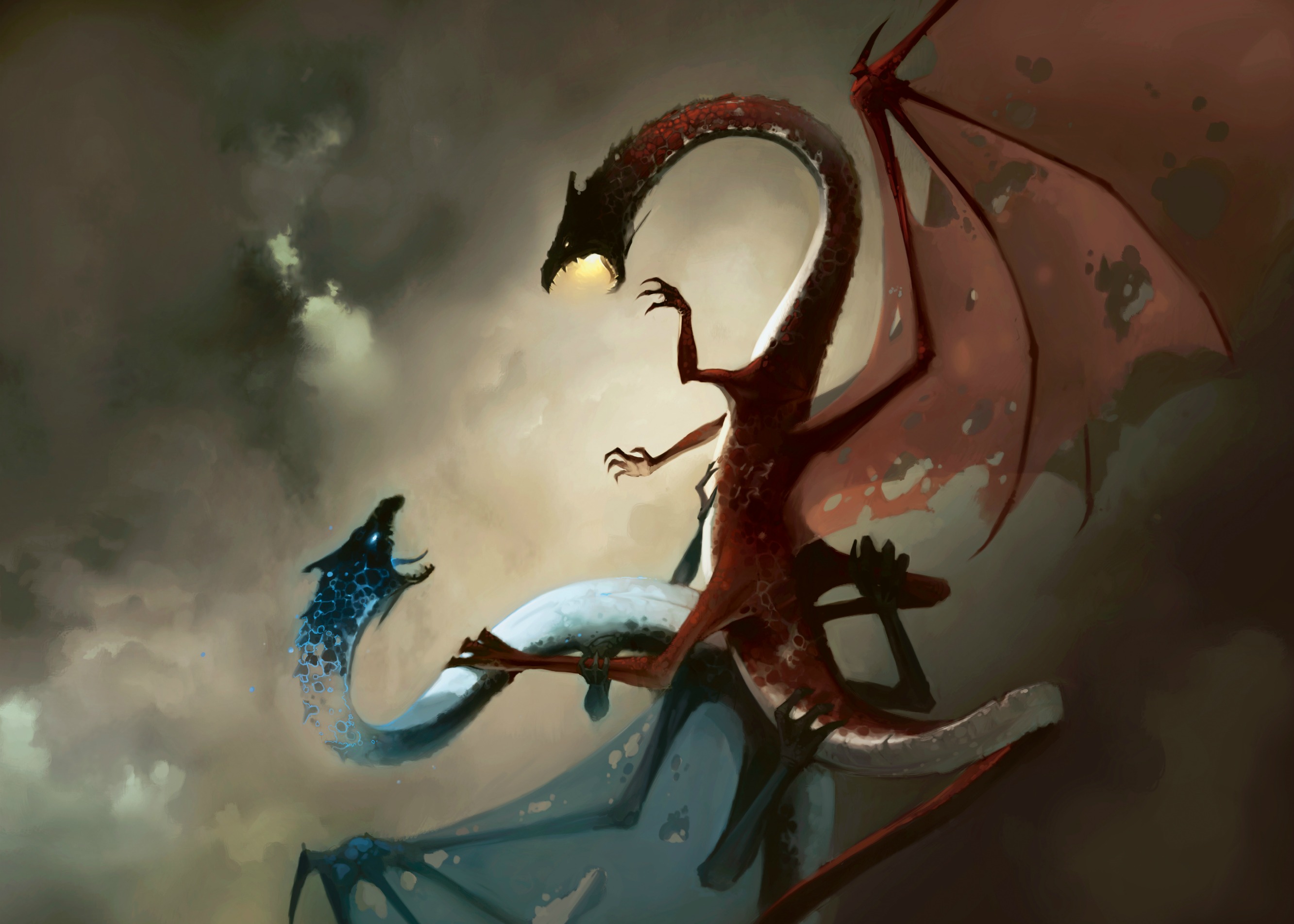Two dragons fighting in a cloudy sky HD Wallpaper