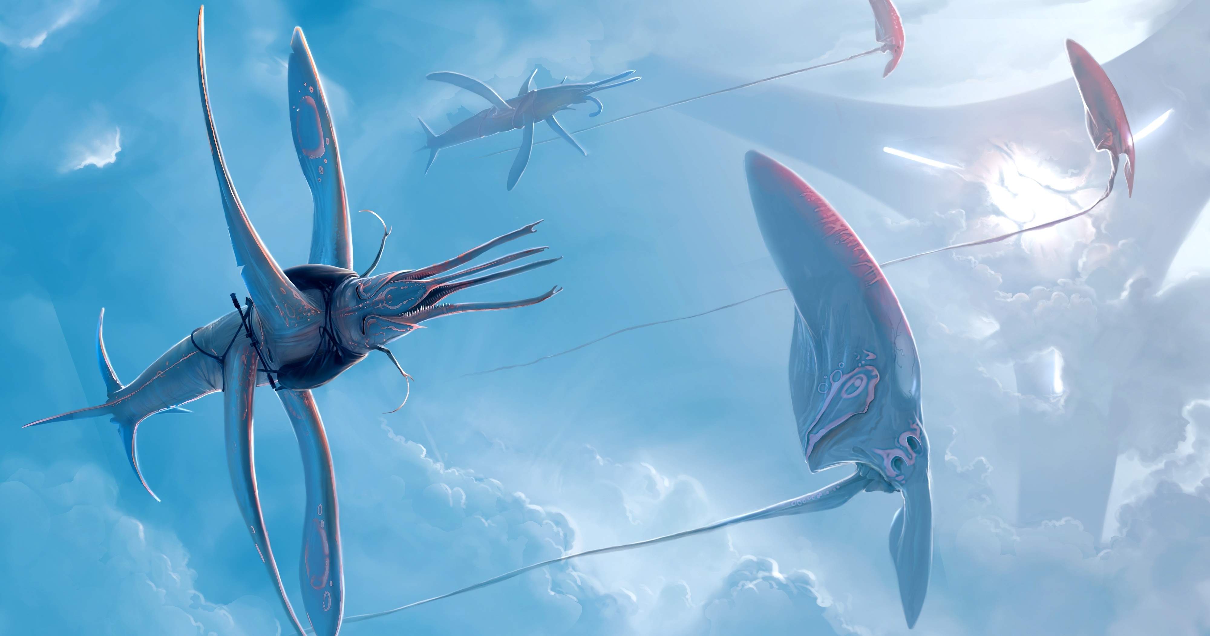 Fantasy creatures flying in a cloudy sky HD Wallpaper