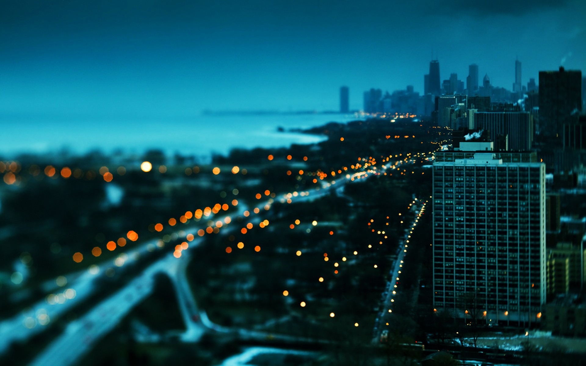 Cityscape with Tilt Shift Effect at Night HD Wallpaper