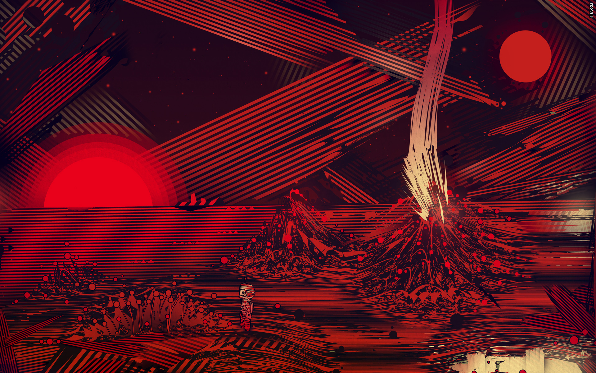 Astronaut in a red abstract sci-fi landscape HD Wallpaper