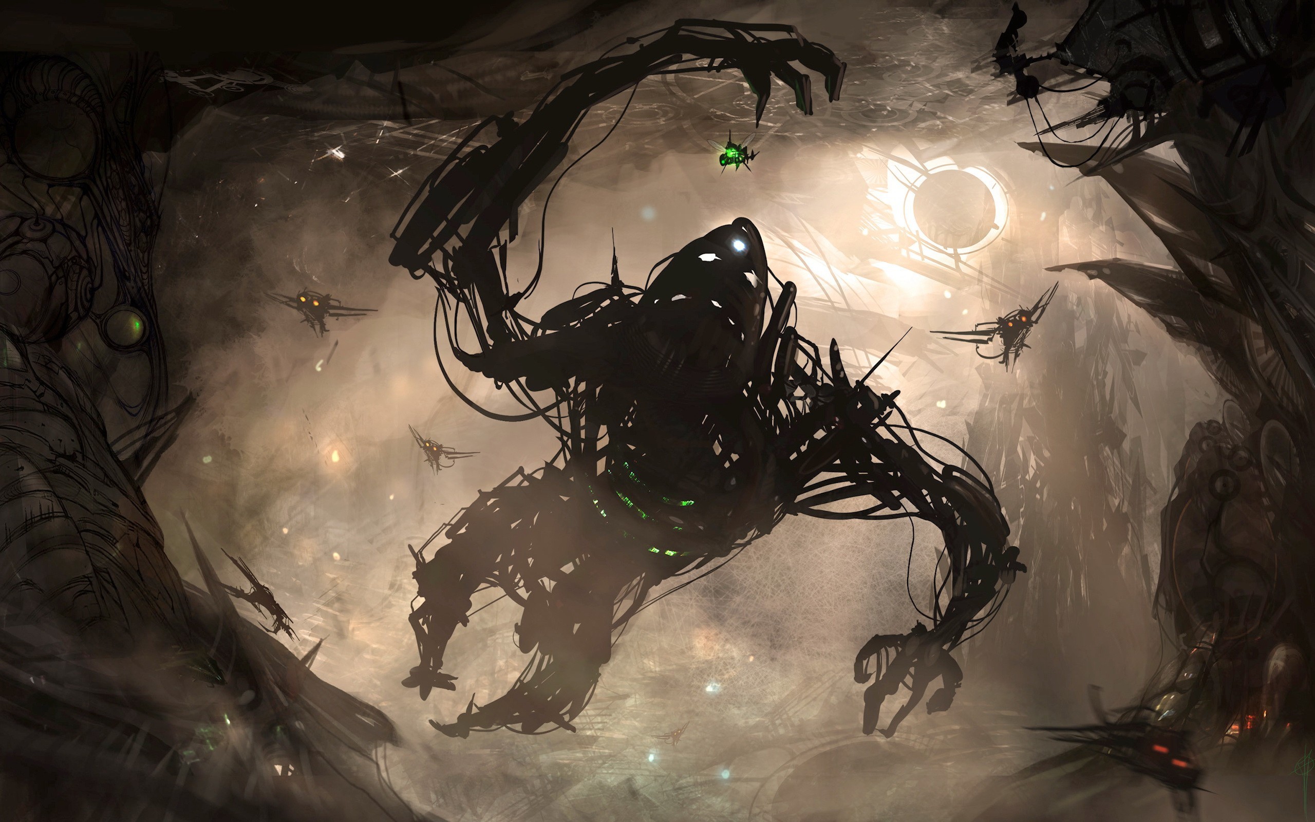 Giant mechanical creature with drones in a dark cavern HD Wallpaper
