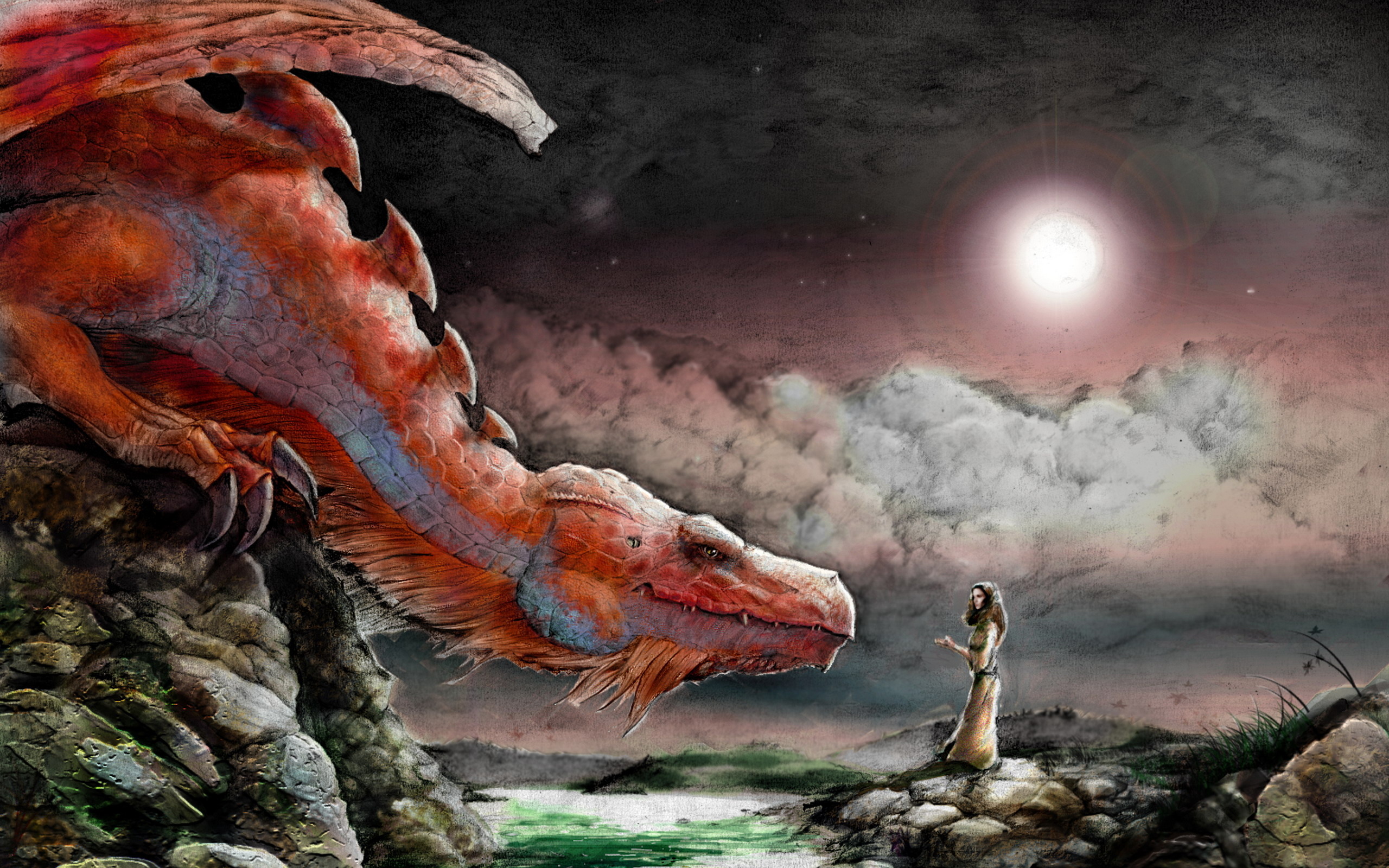 Fantasy Dragon and Woman Under the Moon HD Wallpaper