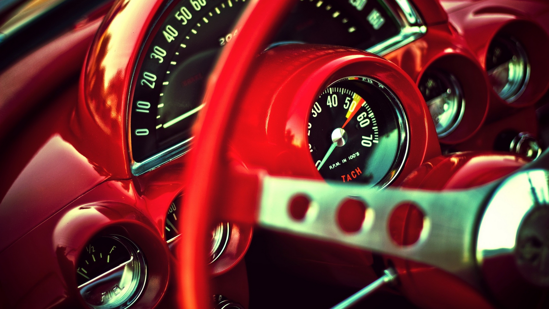 Red Vintage Car Dashboard with Tachometer and Speedometer HD Wallpaper