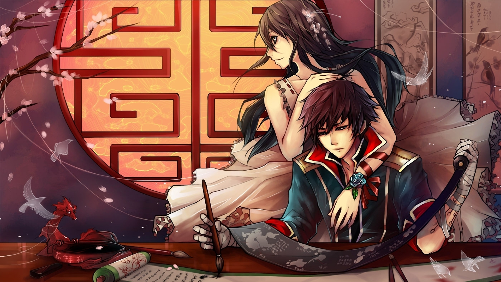 Anime couple with Chinese motif and calligraphy HD Wallpaper