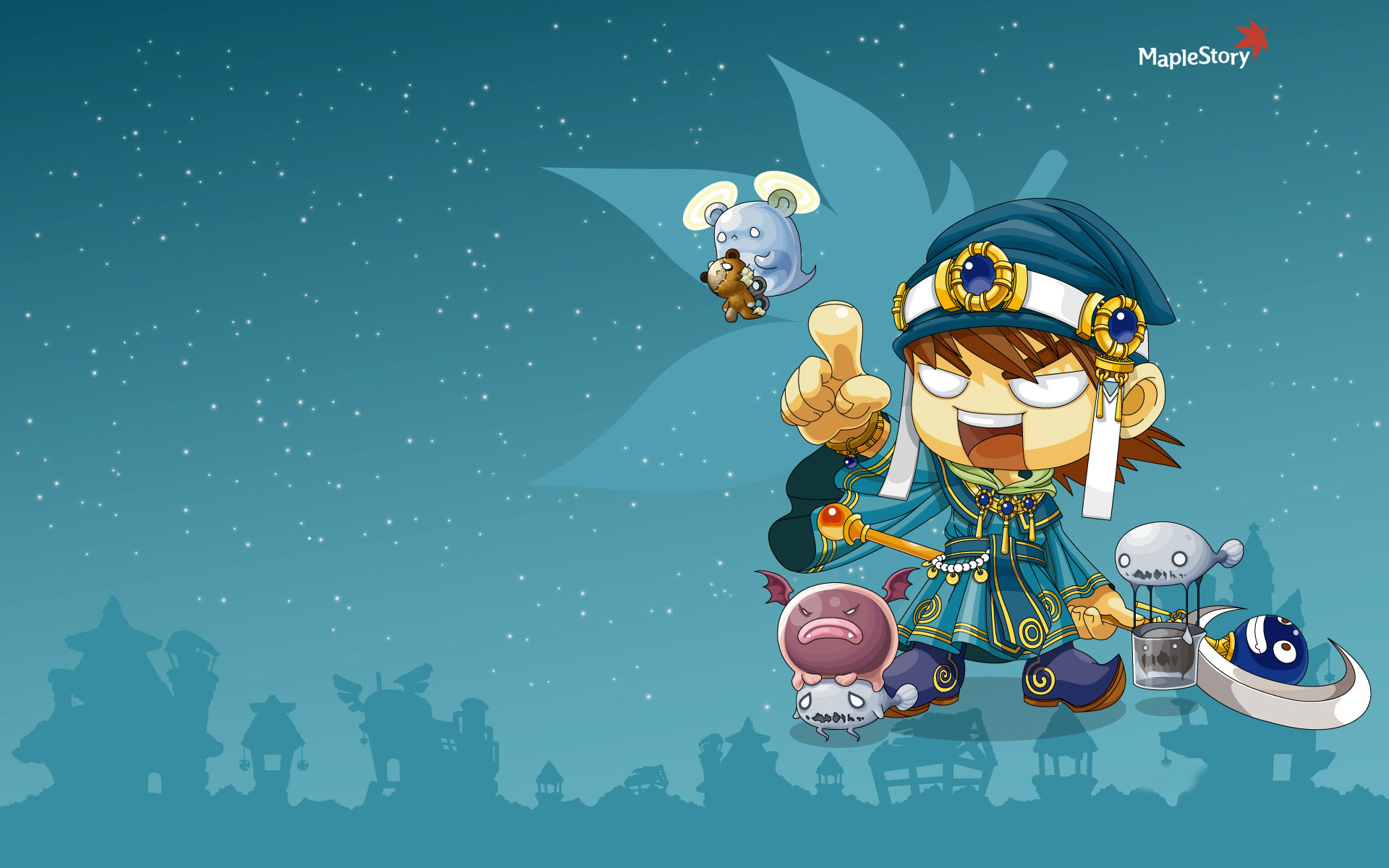 MapleStory character with pets and monsters HD Wallpaper