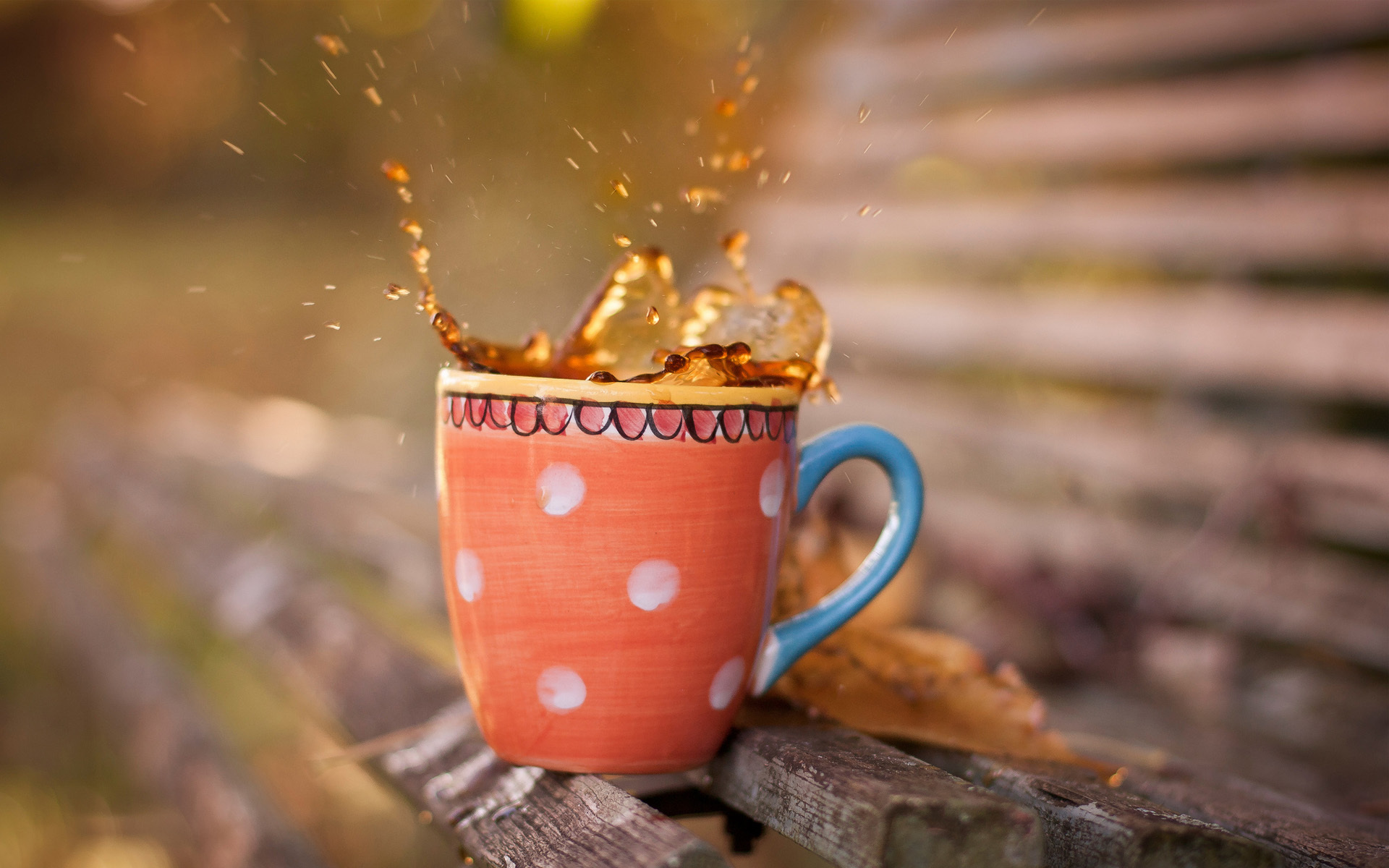 Coffee splash in a polka dot mug on a bench HD Wallpaper