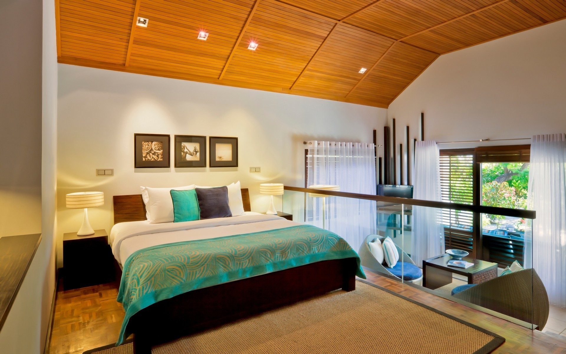 Bedroom with wooden ceiling and balcony HD Wallpaper