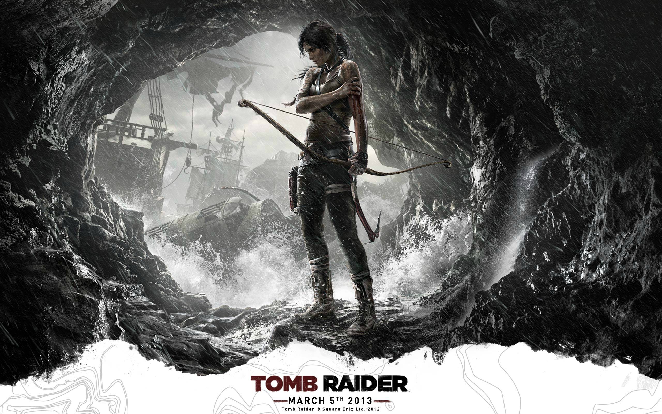 Lara Croft from Tomb Raider in a cave with shipwrecks HD Wallpaper