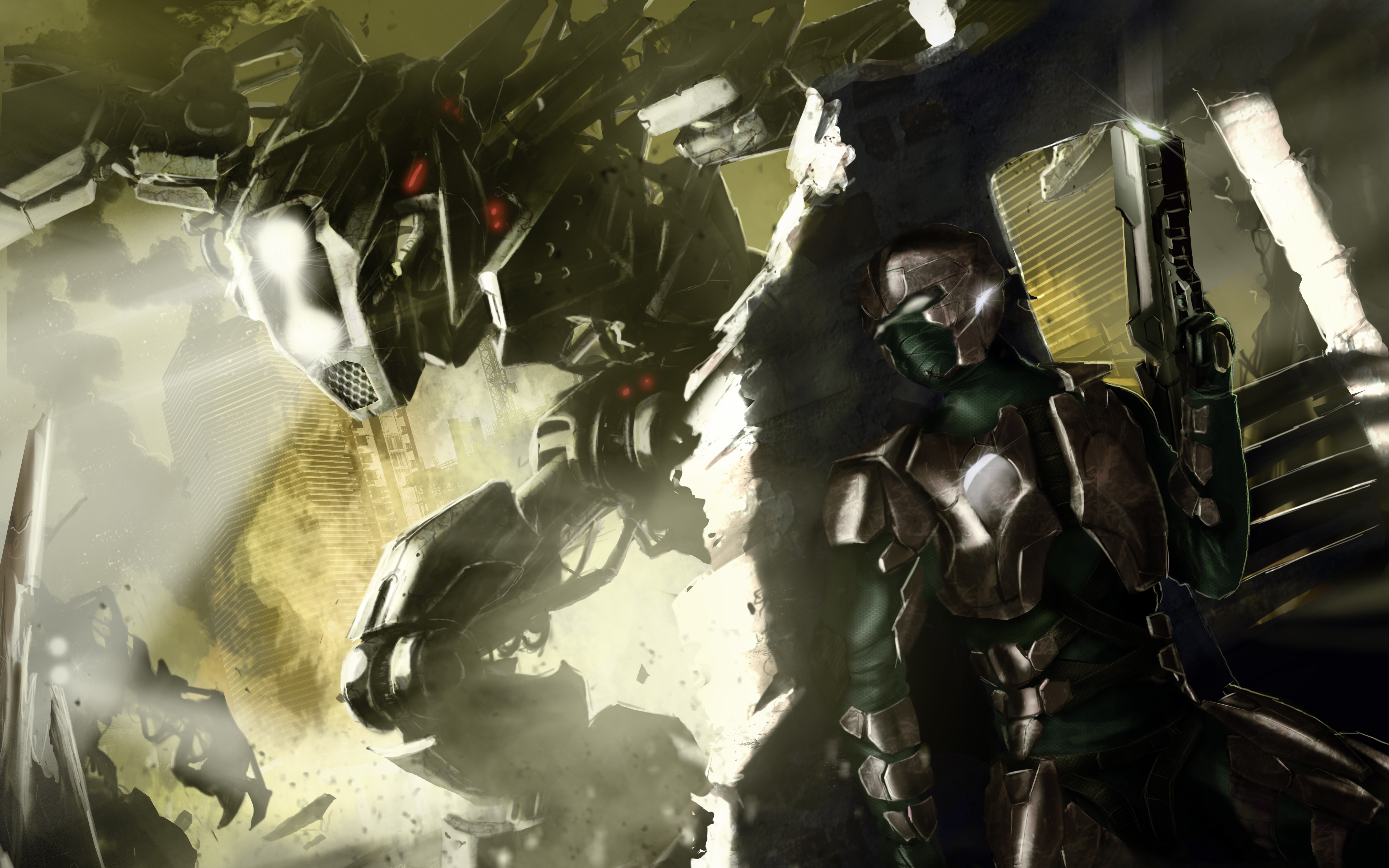 Robot and Soldier in Sci-Fi Cityscape HD Wallpaper