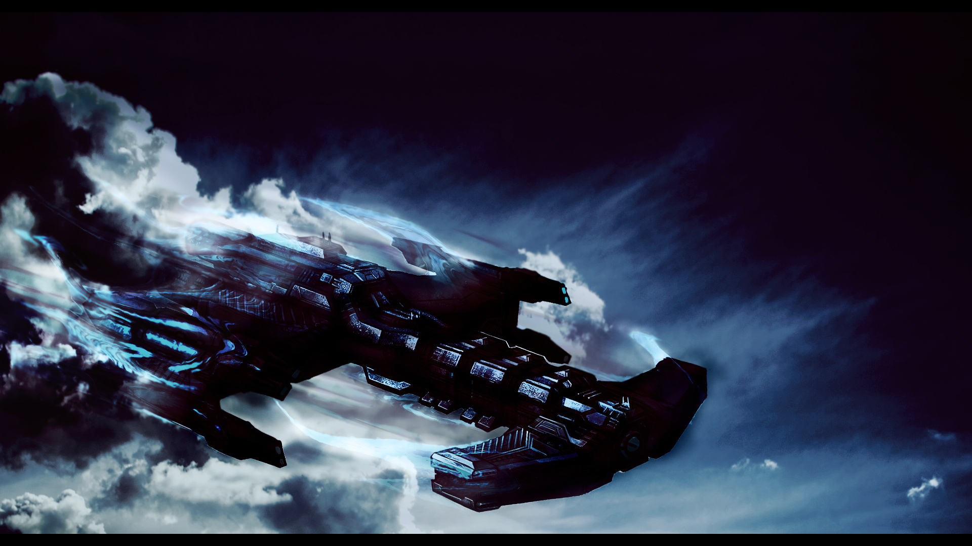 Spaceship in stormy clouds HD Wallpaper