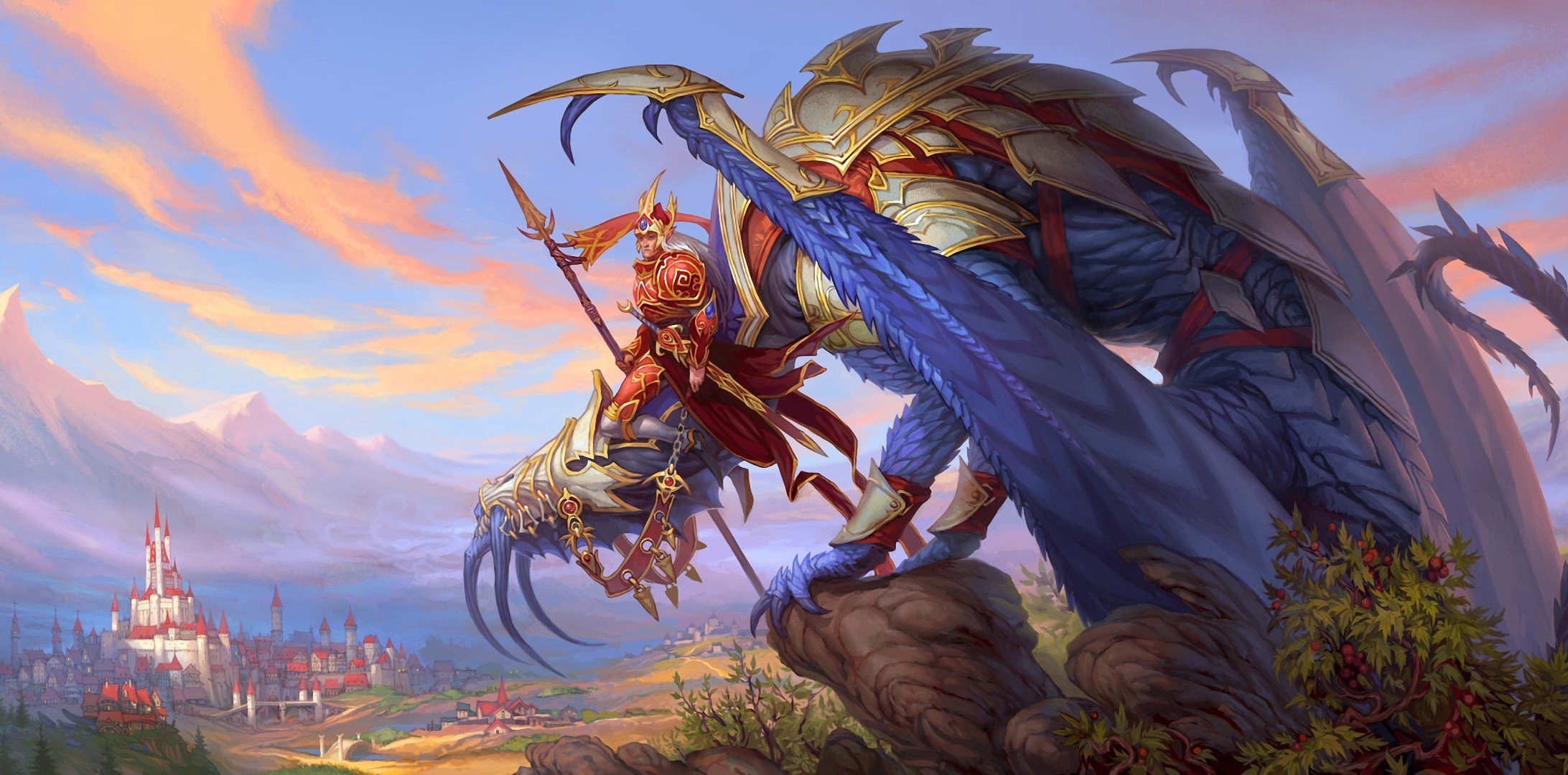 Fantasy Dragon Rider overlooking a Castle City HD Wallpaper
