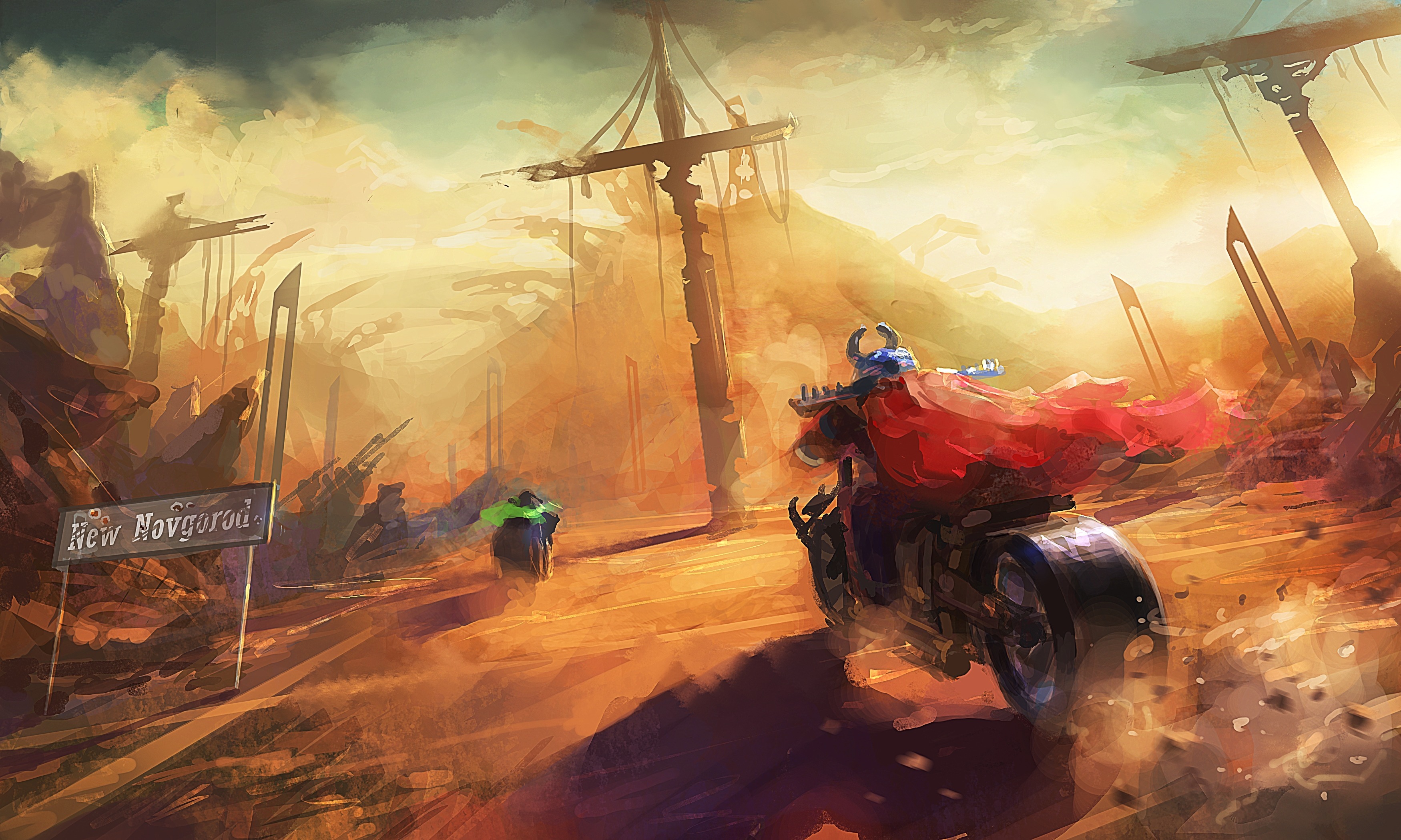 Warriors on motorcycles in New Novgorod wasteland HD Wallpaper