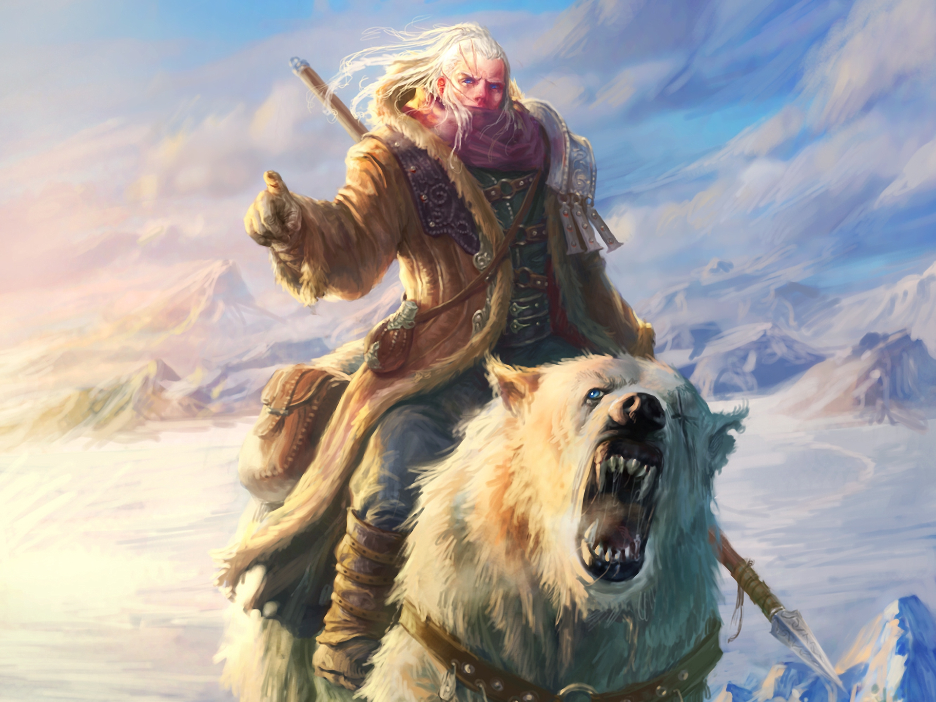 Man riding a polar bear in a snowy landscape HD Wallpaper