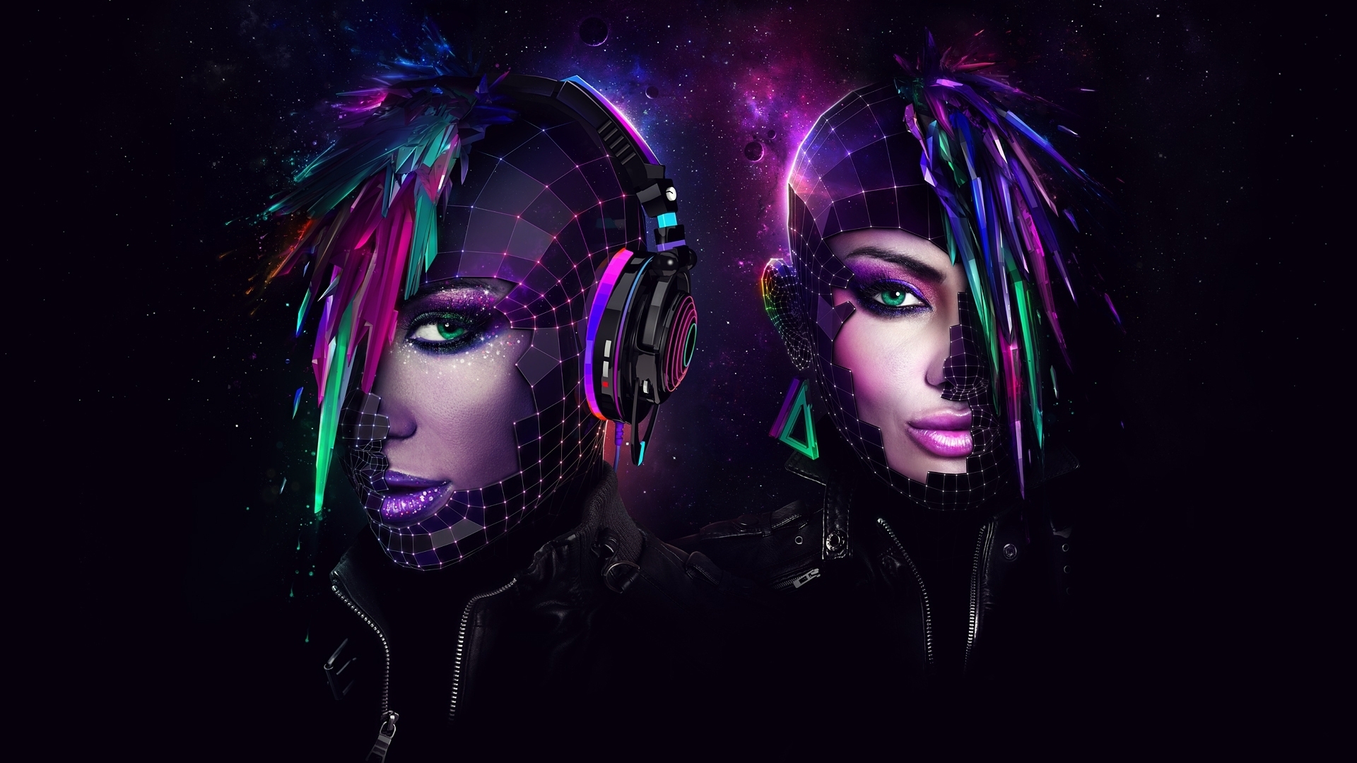 Two women with futuristic digital masks and colorful hair HD Wallpaper