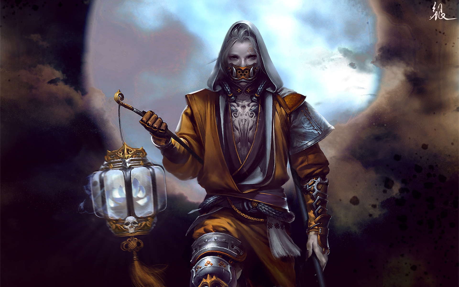 Fantasy character holding a lantern under the moon HD Wallpaper