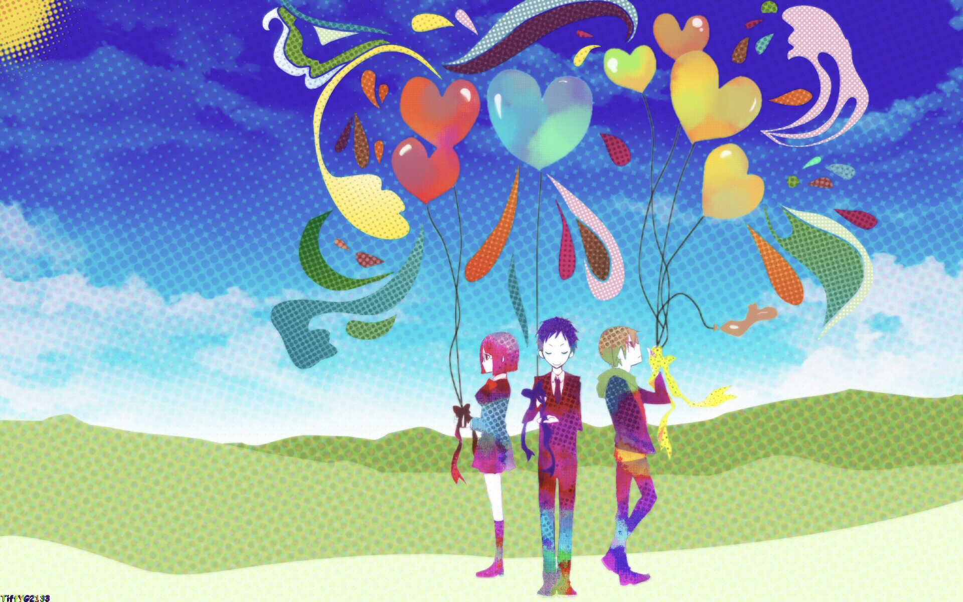 Three characters holding heart balloons from Durarara!! HD Wallpaper