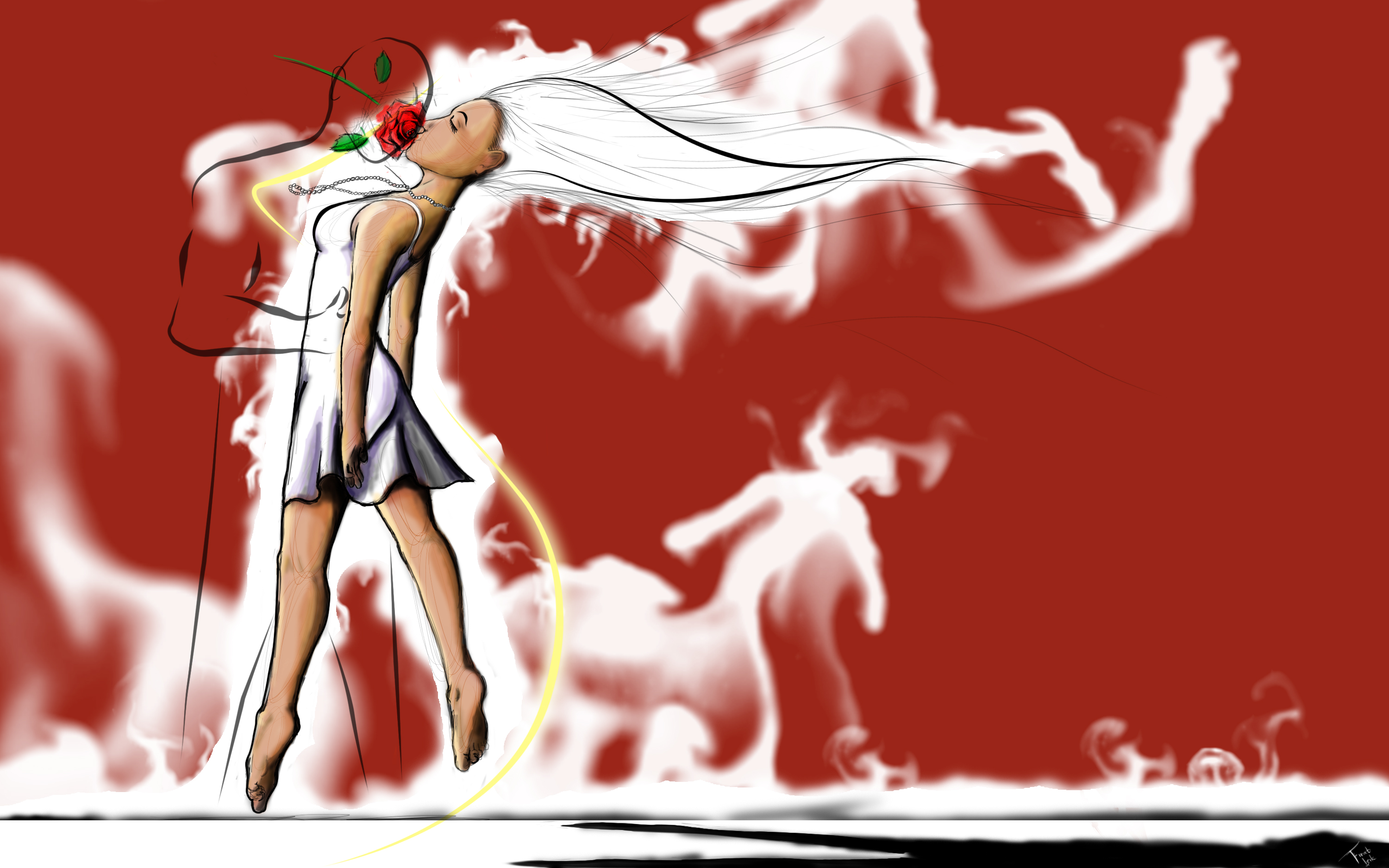 Woman kissing a rose with smoke figures HD Wallpaper